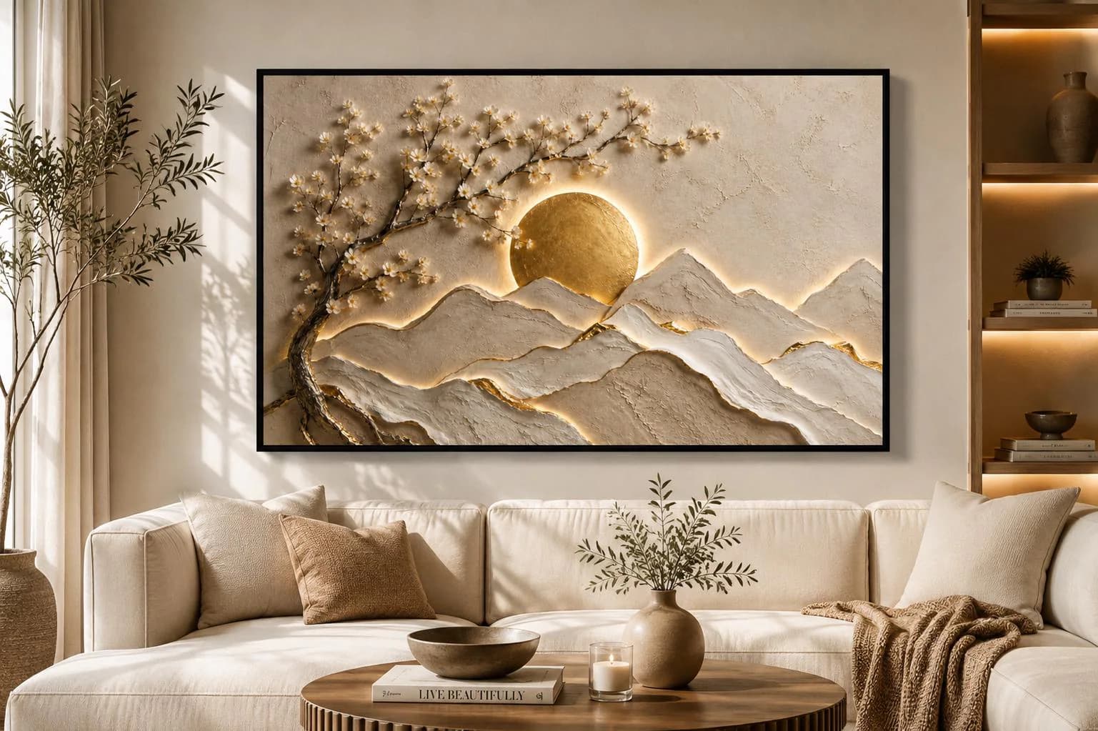 3D Mountain Canvas Wall Art-Golden Sun Landscape-Neutral Textured Nature Decor-Luxury Large Framed Canvas Print