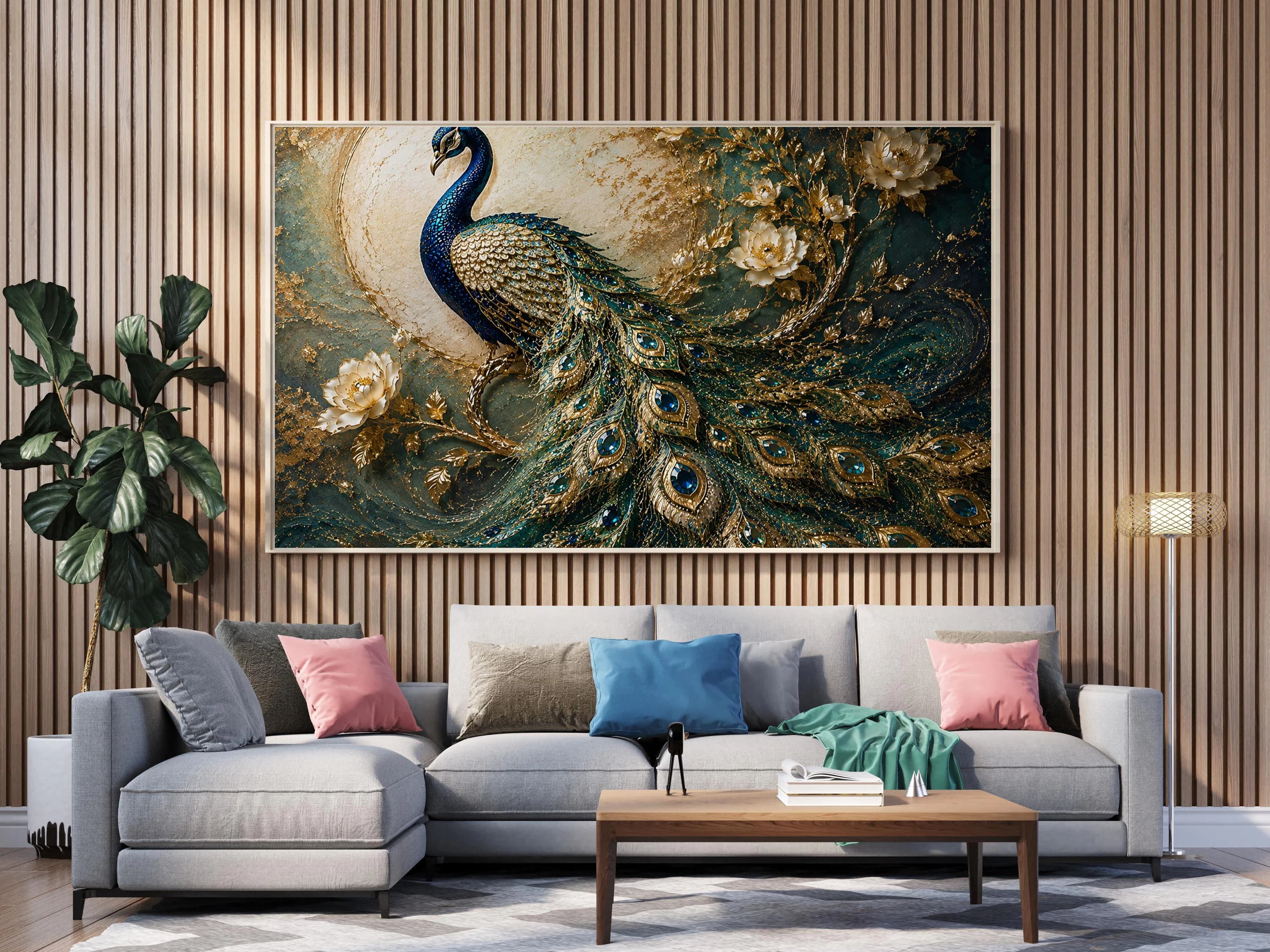 3D Peacock Canvas Wall Art-Blue Green Peacock & Floral Artwork-Luxury Gold Animal Decor-Large Framed Print - image 4