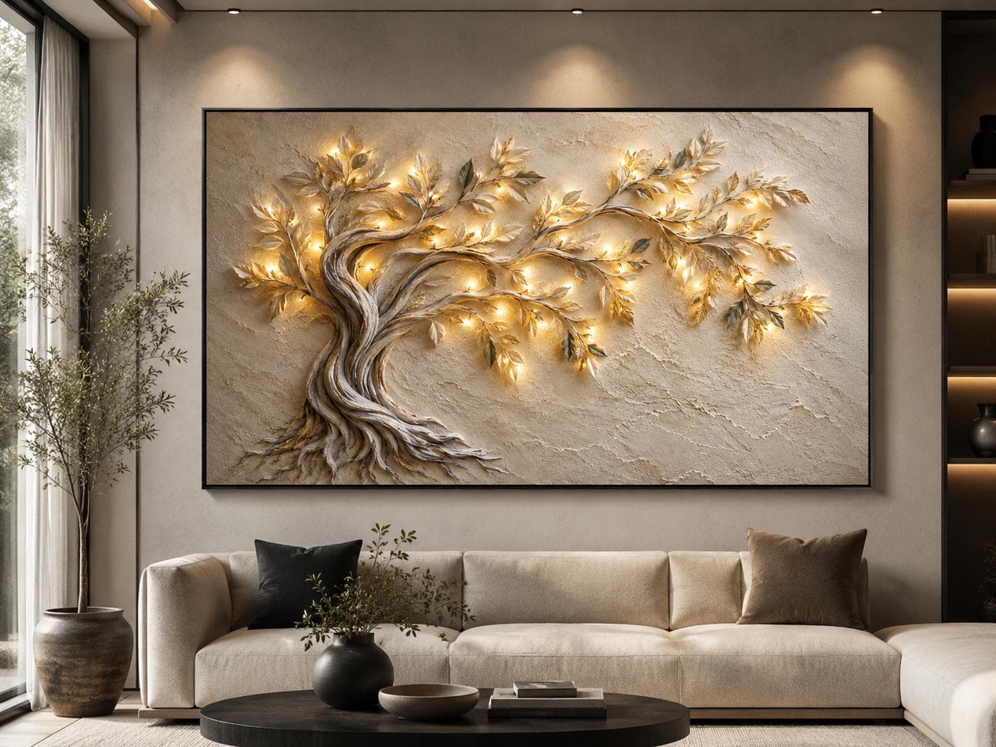 3D Tree of Life Canvas Wall Art-Illuminated Artwork-Neutral Botanical Wall Decor-Luxury Living Room Art - image 3