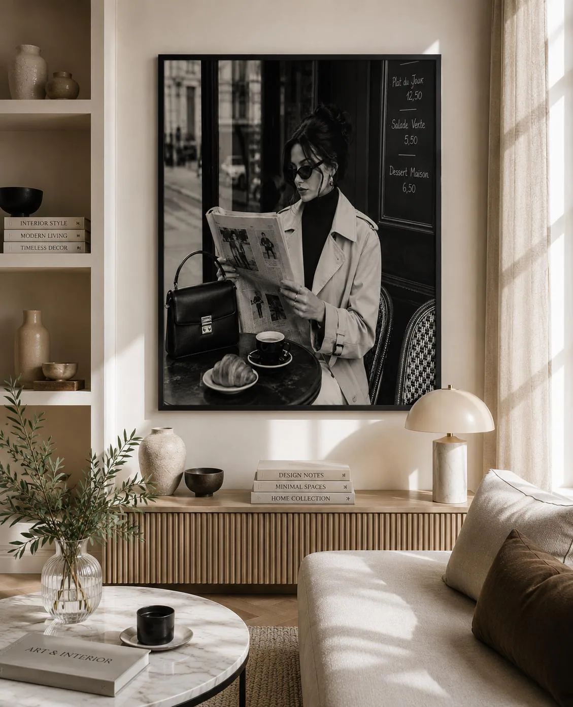 Fashion Canvas Wall Art-Black and White Paris Cafe Print-Chic Woman Artwork-Modern Home Decor-Framed Canvas