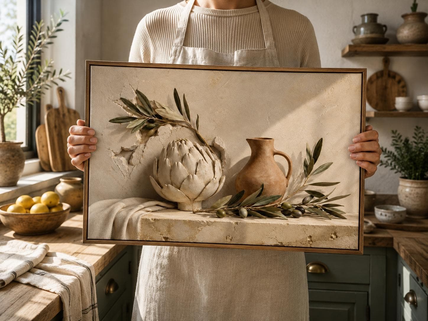 Artichoke Kitchen Canvas Wall Art-Mediterranean Still Life Decor-Olive Branch Kitchen Print -Rustic Farmhouse Design