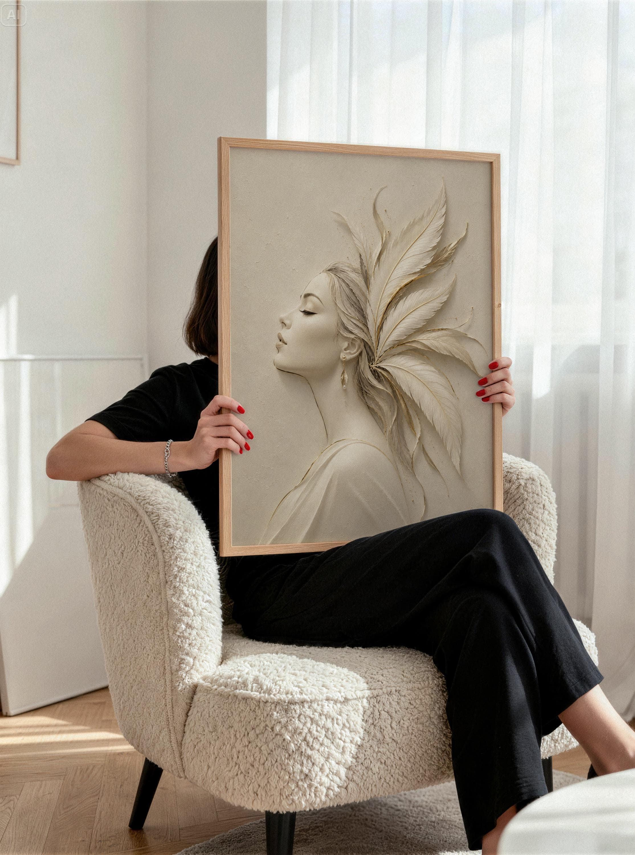 Elegant Woman Canvas Wall Art-3D Feather Portrait-Neutral Feminine Artwork,Luxury Modern Large Framed Canvas - image 4
