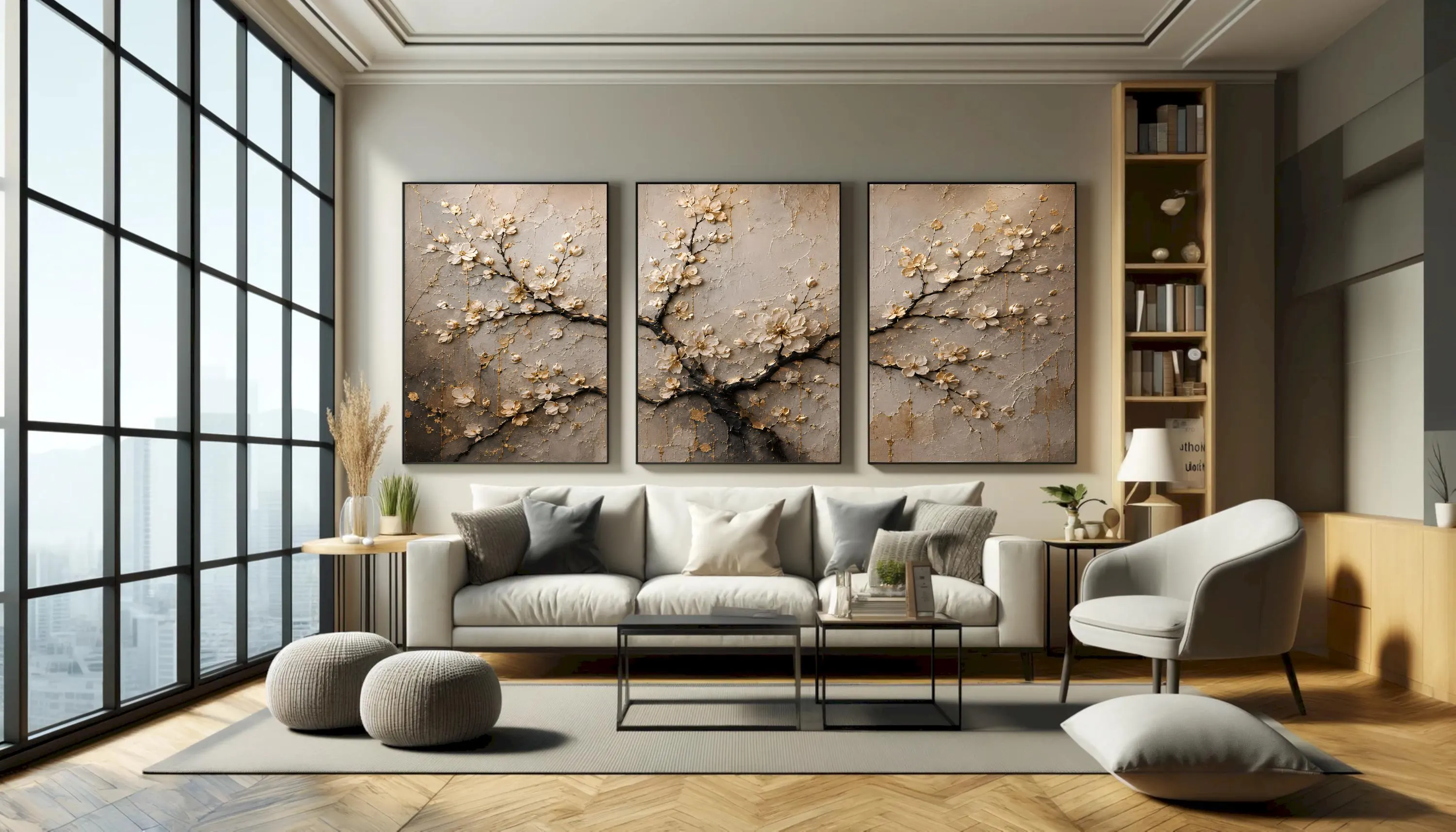 3 Panel Floral Canvas Wall Art-Cherry Blossom Triptych-Neutral Botanical Decor-Luxury Beige Art-Framed Canvas Set - image 4