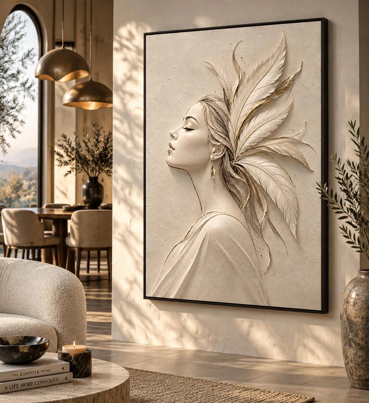 Elegant Woman Canvas Wall Art-3D Feather Portrait-Neutral Feminine Artwork,Luxury Modern Large Framed Canvas