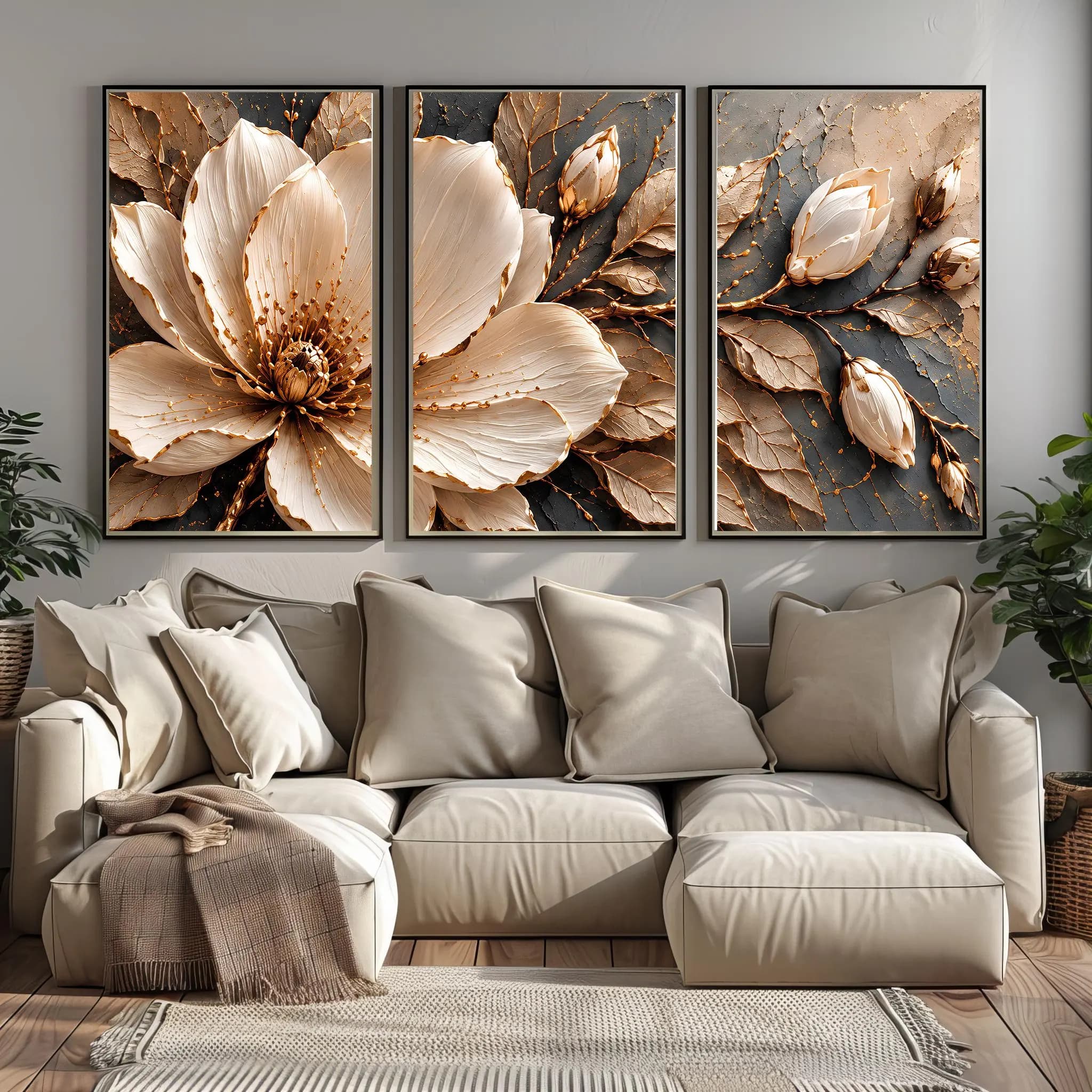 Magnolia Triptych Canvas Wall Art-Set of 3 Floral Canvas Prints-Neutral Beige Flower-Framed Botanical Set