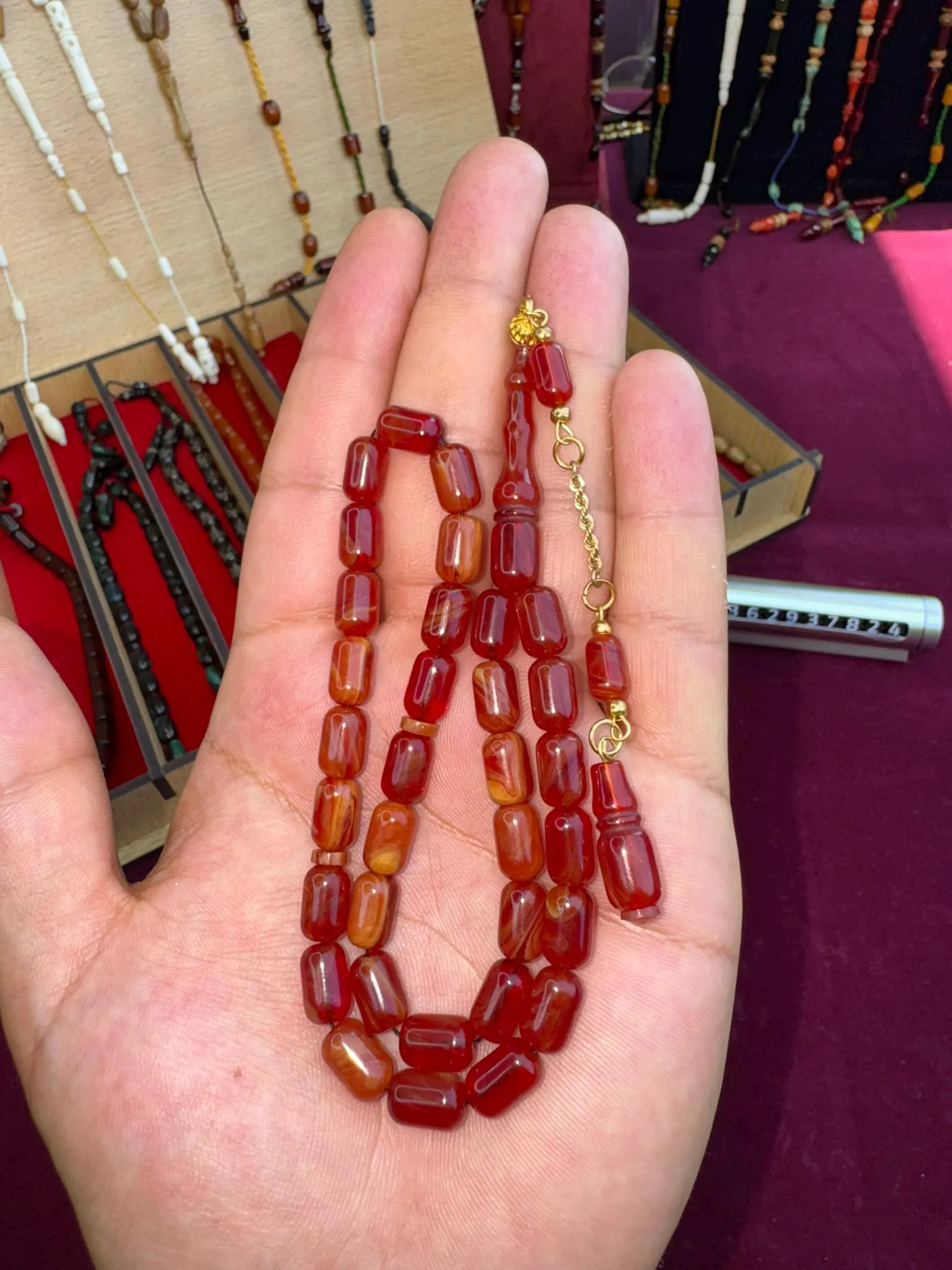 14K Solid Gold Amber Bakelite Tasbih – Cherry Red Prayer Beads (6.4x10.5 mm)