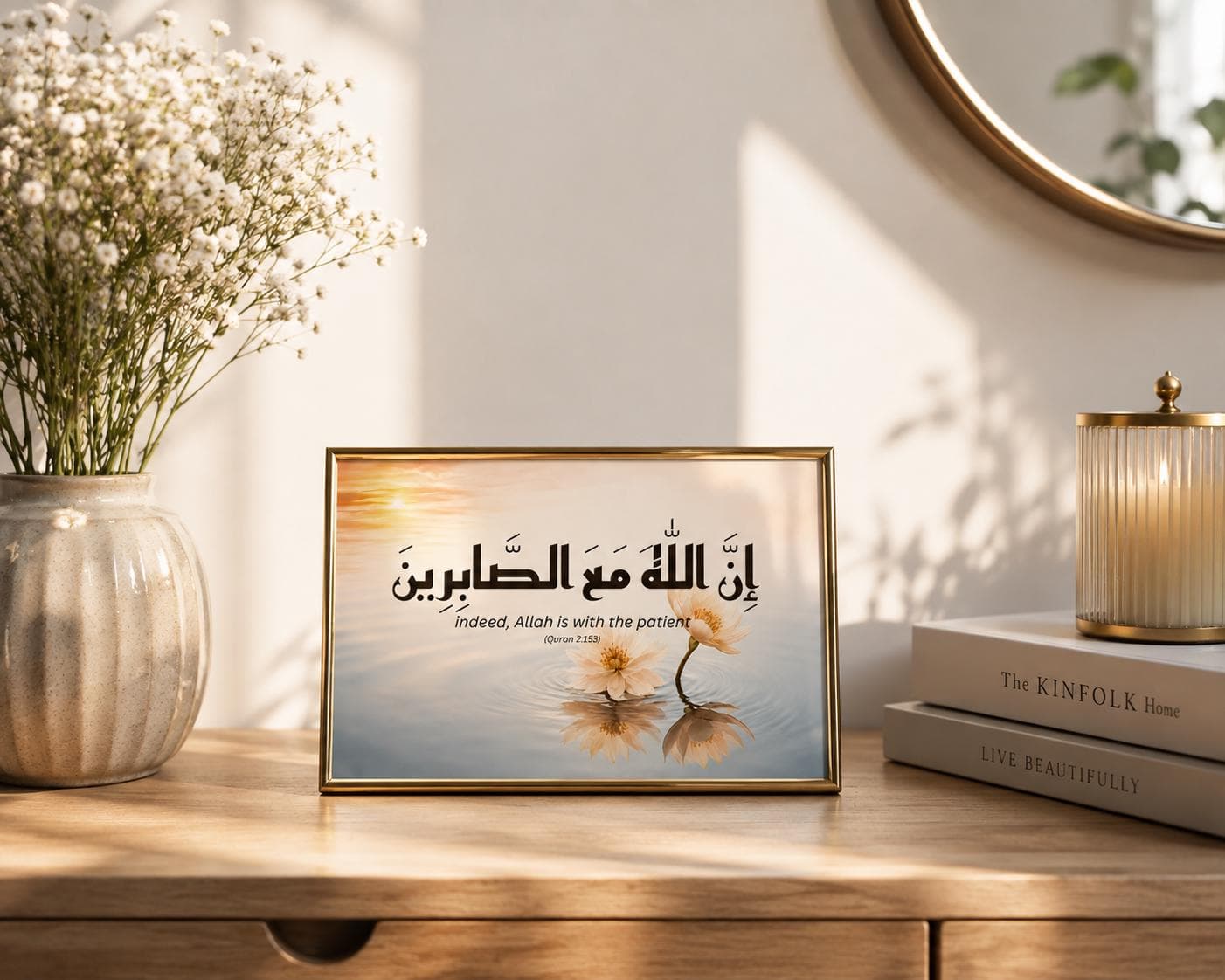Quran 2:153 Arabic Calligraphy Printable Wall Art, Floral Islamic print