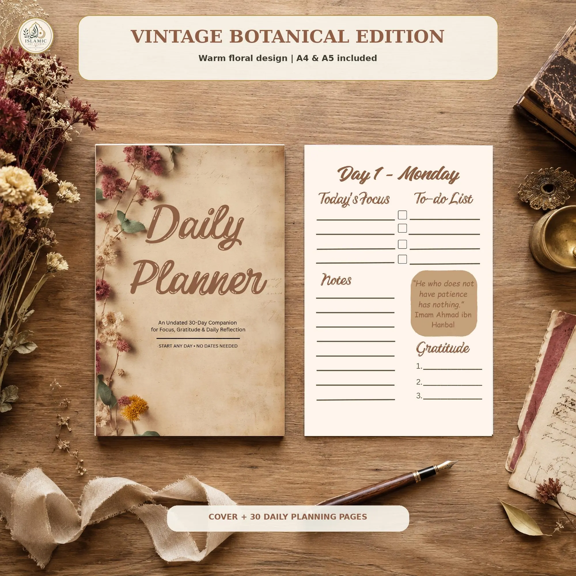 Undated 30-Day Islamic Planner Bundle | Minimal Sage & Vintage Botanical (Digital Download) - image 3