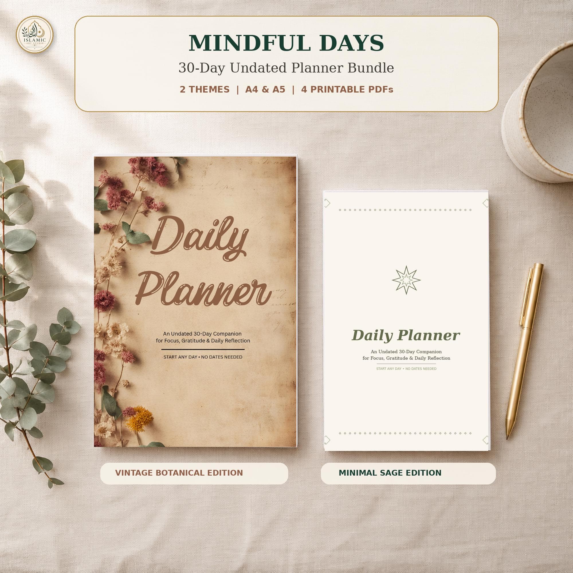 Undated 30-Day Islamic Planner Bundle | Minimal Sage & Vintage Botanical (Digital Download)