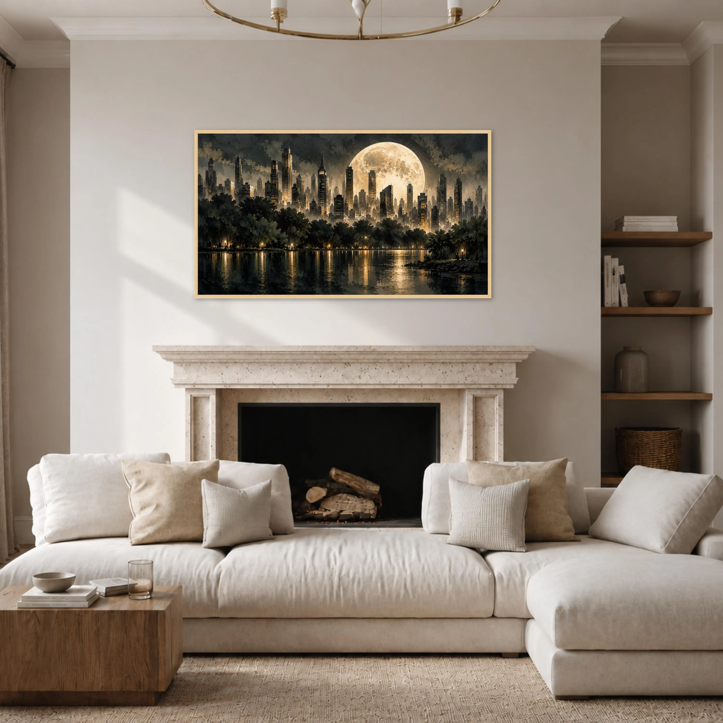 Urban Nightscape Canvas Print, City Skyline Wall Art, Moonlit Reflection, Modern Decor for Living Room or Office Space, city skyline art - image 4