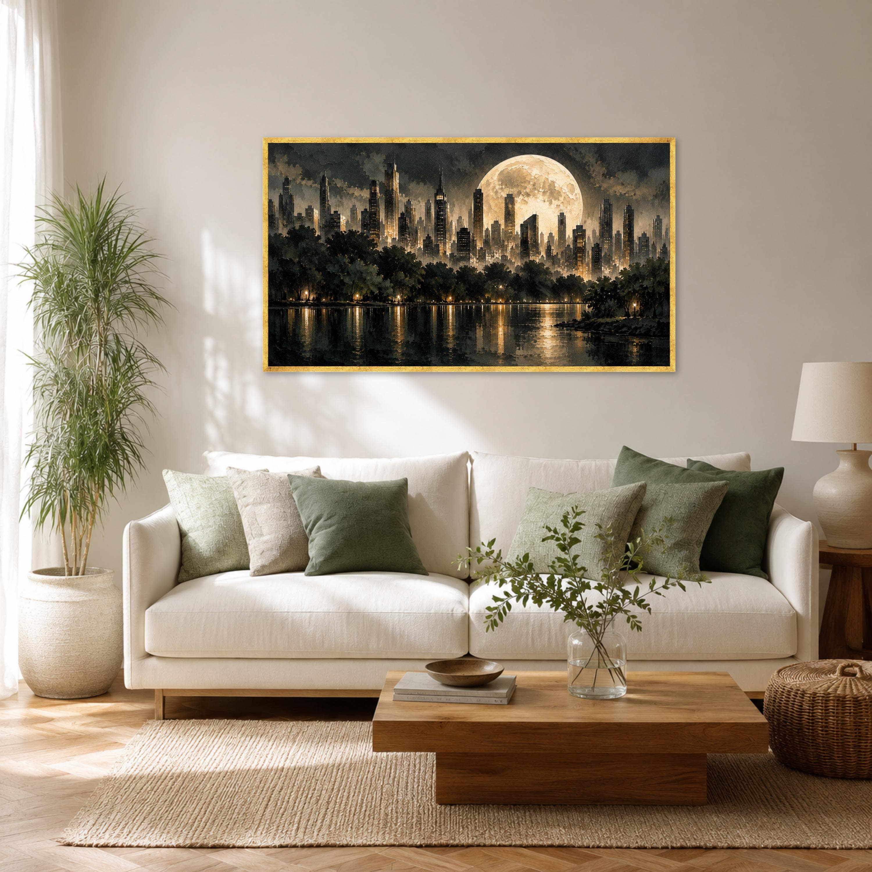 Urban Nightscape Canvas Print, City Skyline Wall Art, Moonlit Reflection, Modern Decor for Living Room or Office Space, city skyline art - image 3