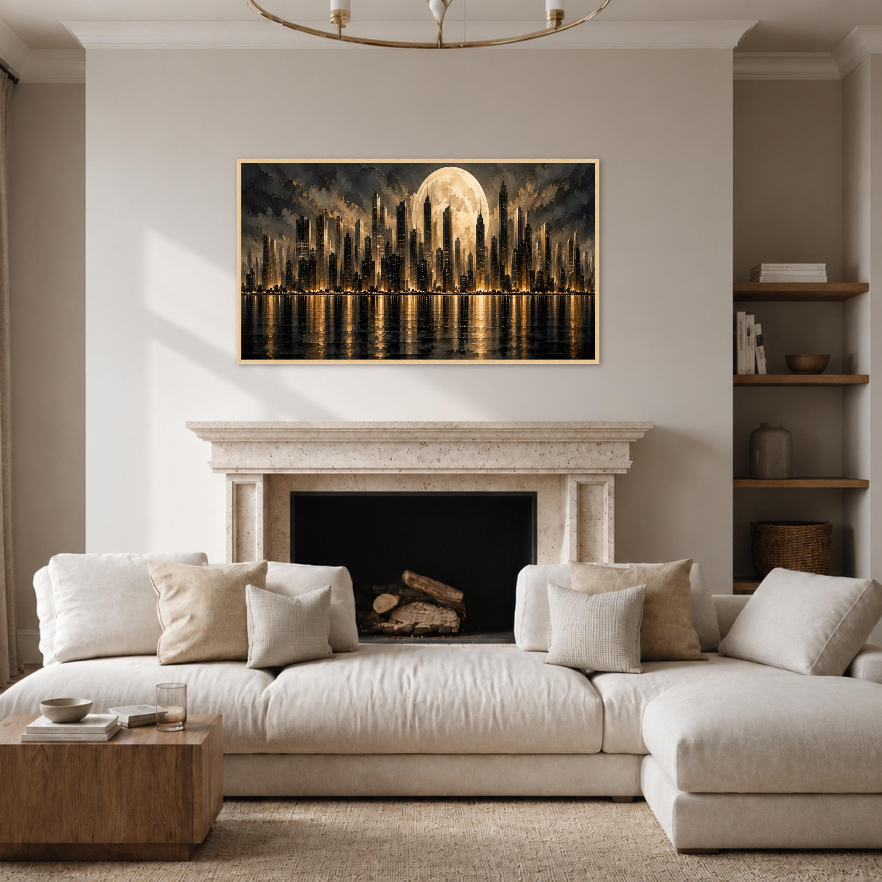 Moody Cityscape Canvas Print, Urban Skyline with Full Moon Reflection, Modern Wall Art for Living Room or Office Decor, cityscape wall art - image 4