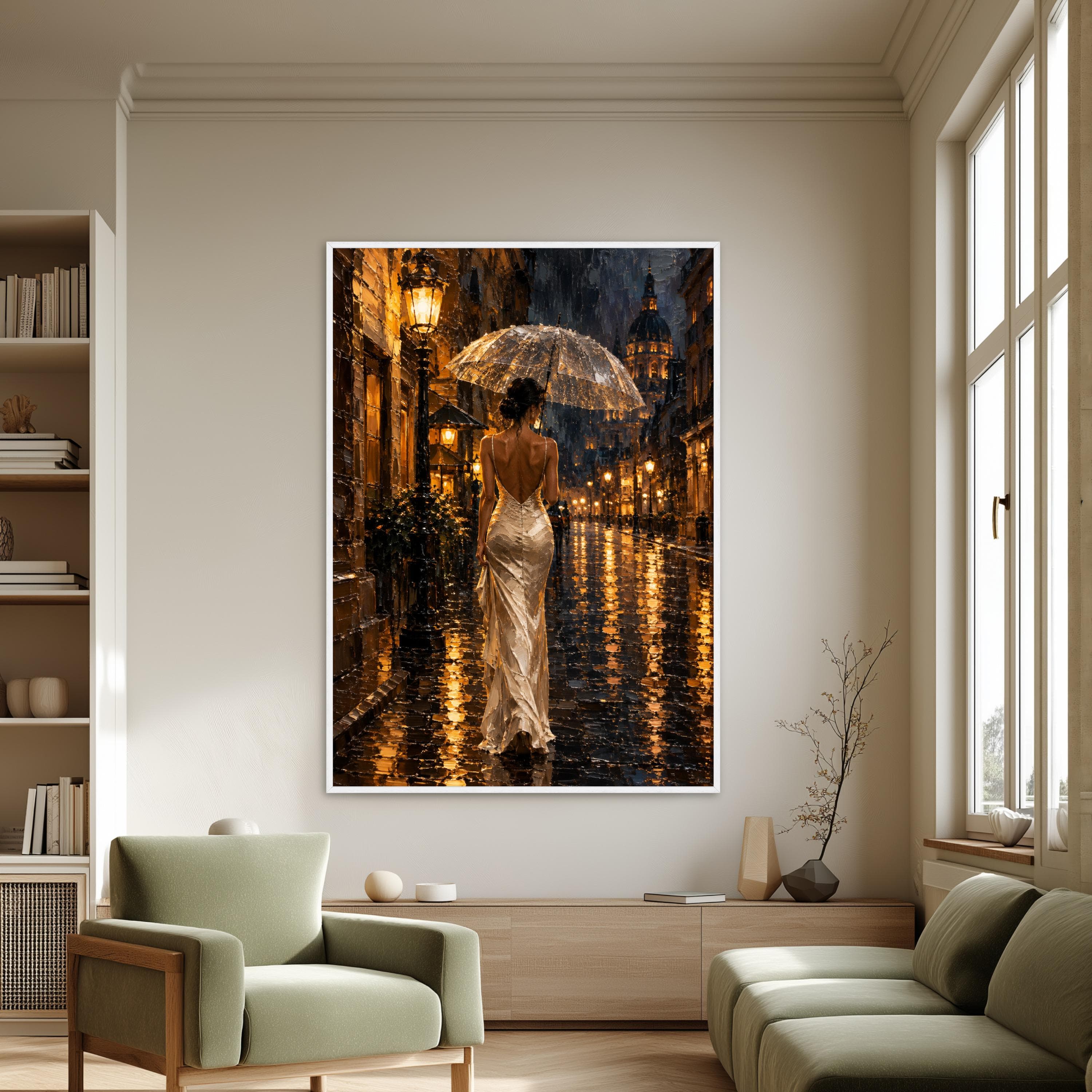 Elegant Woman with Umbrella Canvas Print, Rainy Night City Scene Wall Art for Modern Home and Office Decor, canvas wall art - image 5