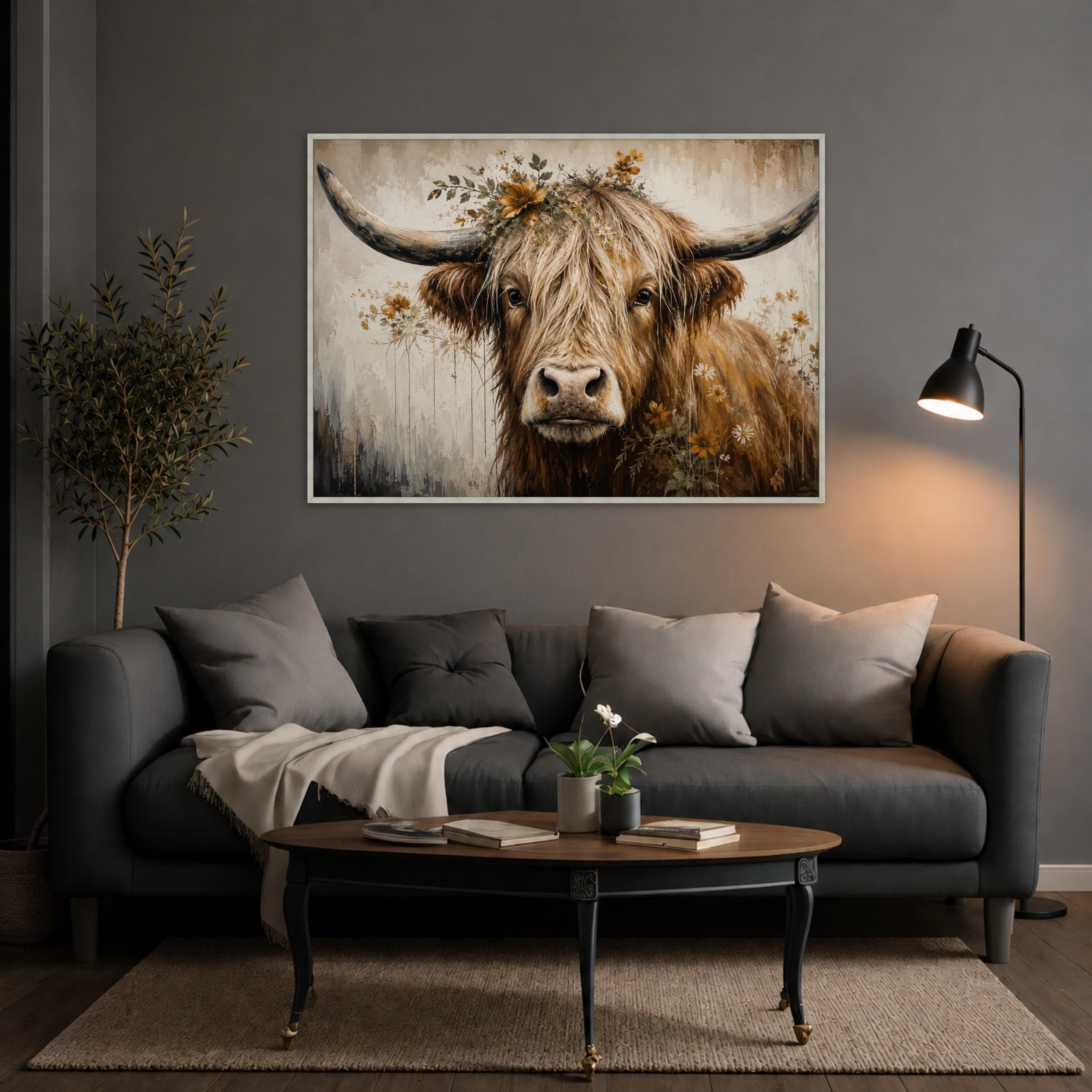 Highland Cow Canvas Print, Rustic Farmhouse Wall Art with Floral Accents for Cozy Living Room Decor, Country Home Aesthetic - image 5