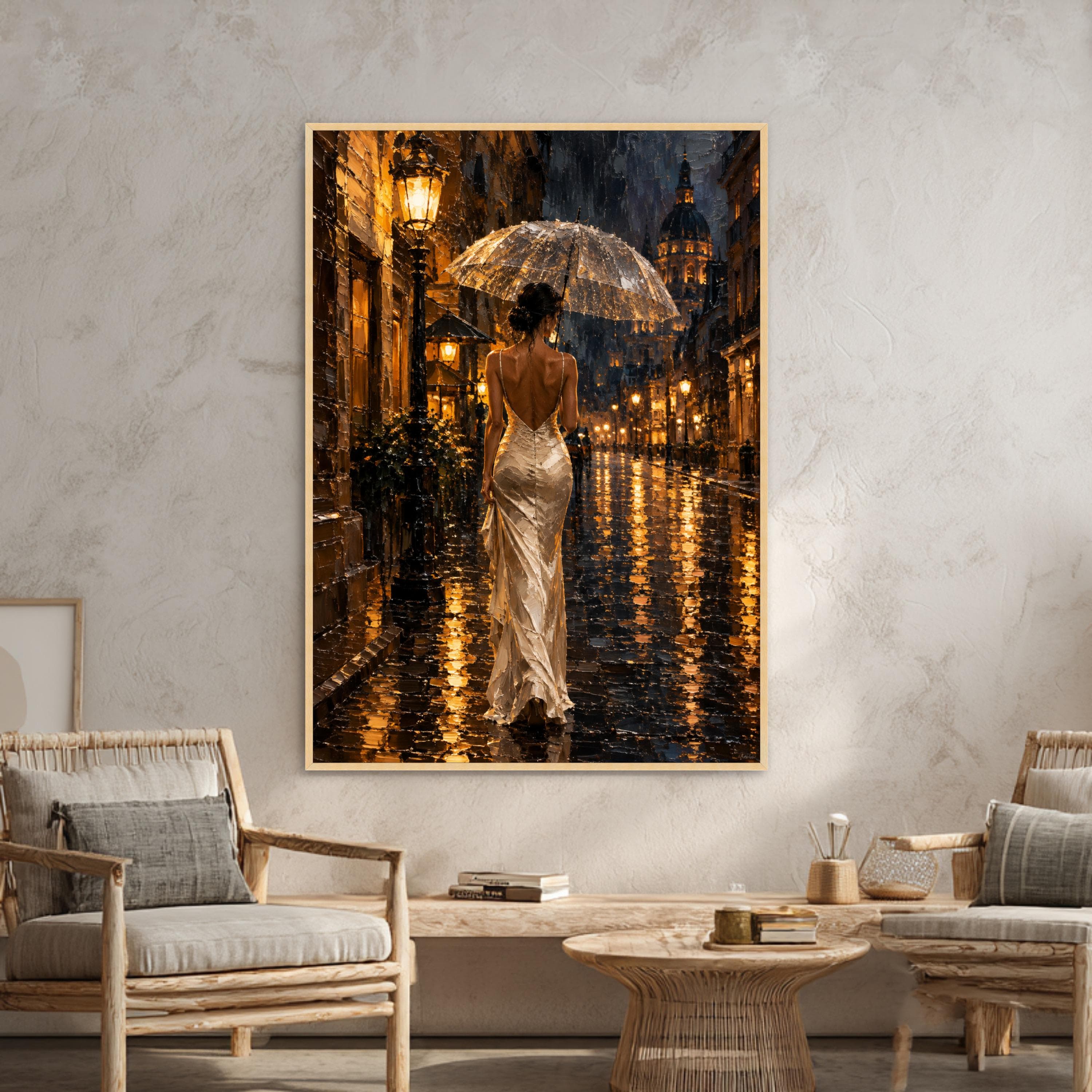 Elegant Woman with Umbrella Canvas Print, Rainy Night City Scene Wall Art for Modern Home and Office Decor, canvas wall art - image 4
