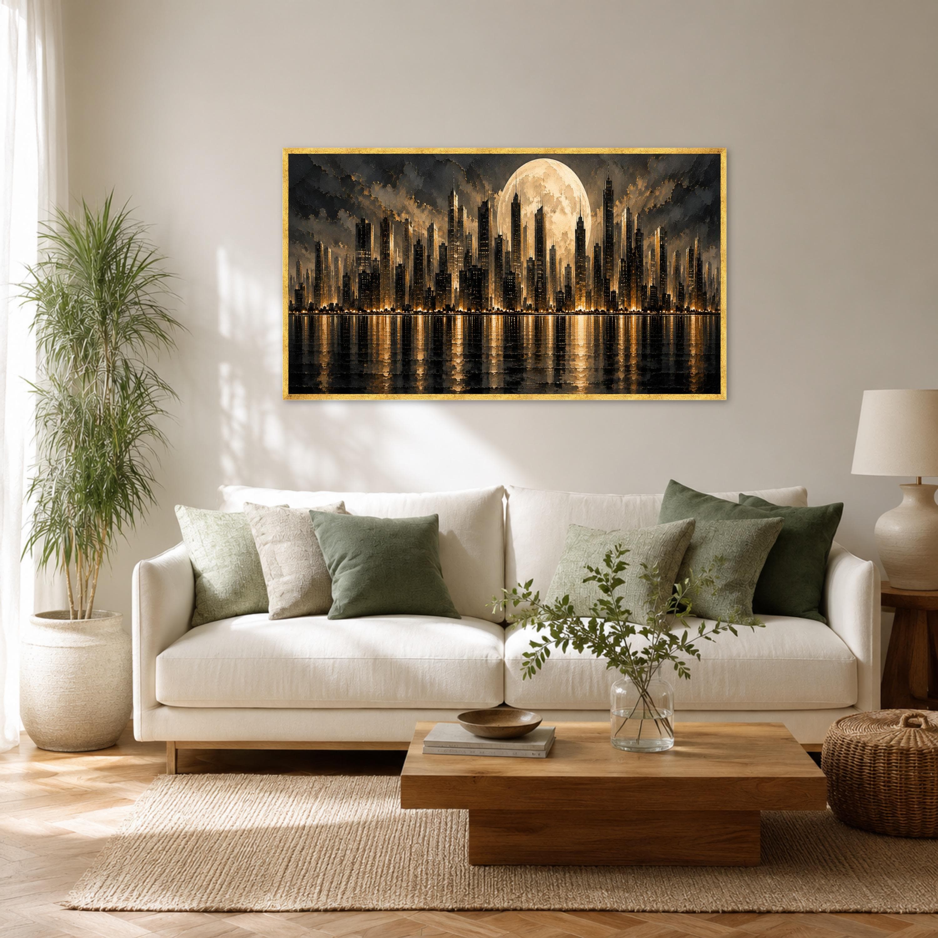 Moody Cityscape Canvas Print, Urban Skyline with Full Moon Reflection, Modern Wall Art for Living Room or Office Decor, cityscape wall art - image 3