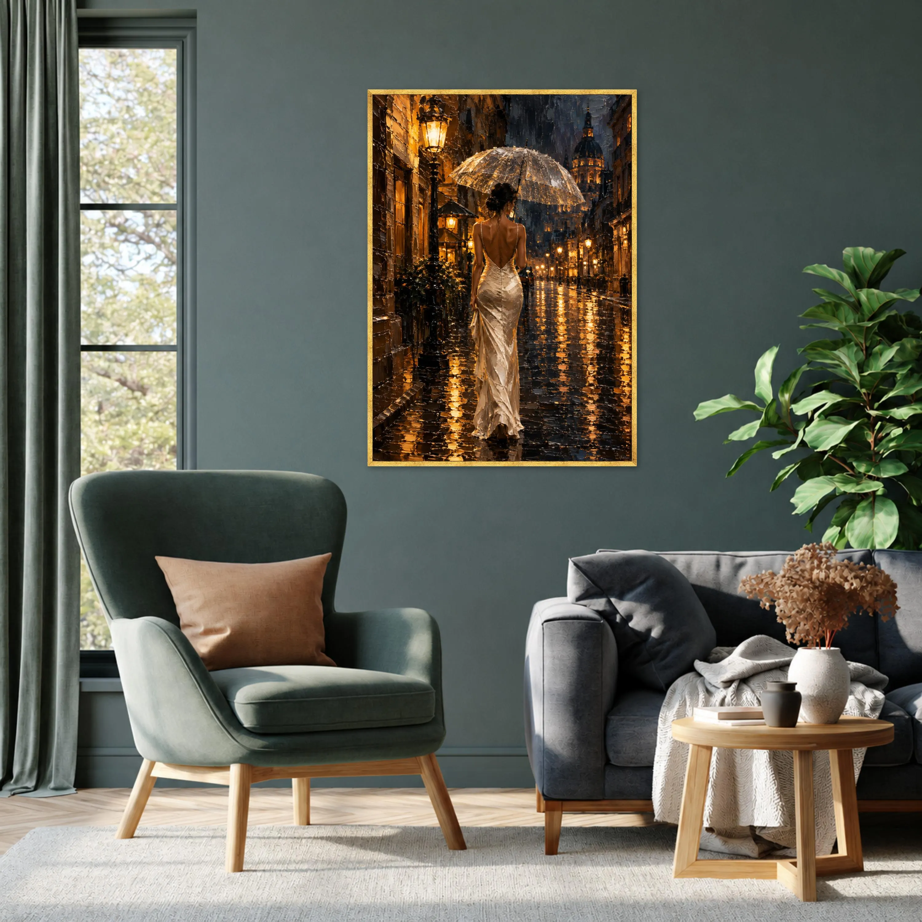 Elegant Woman with Umbrella Canvas Print, Rainy Night City Scene Wall Art for Modern Home and Office Decor, canvas wall art - image 3