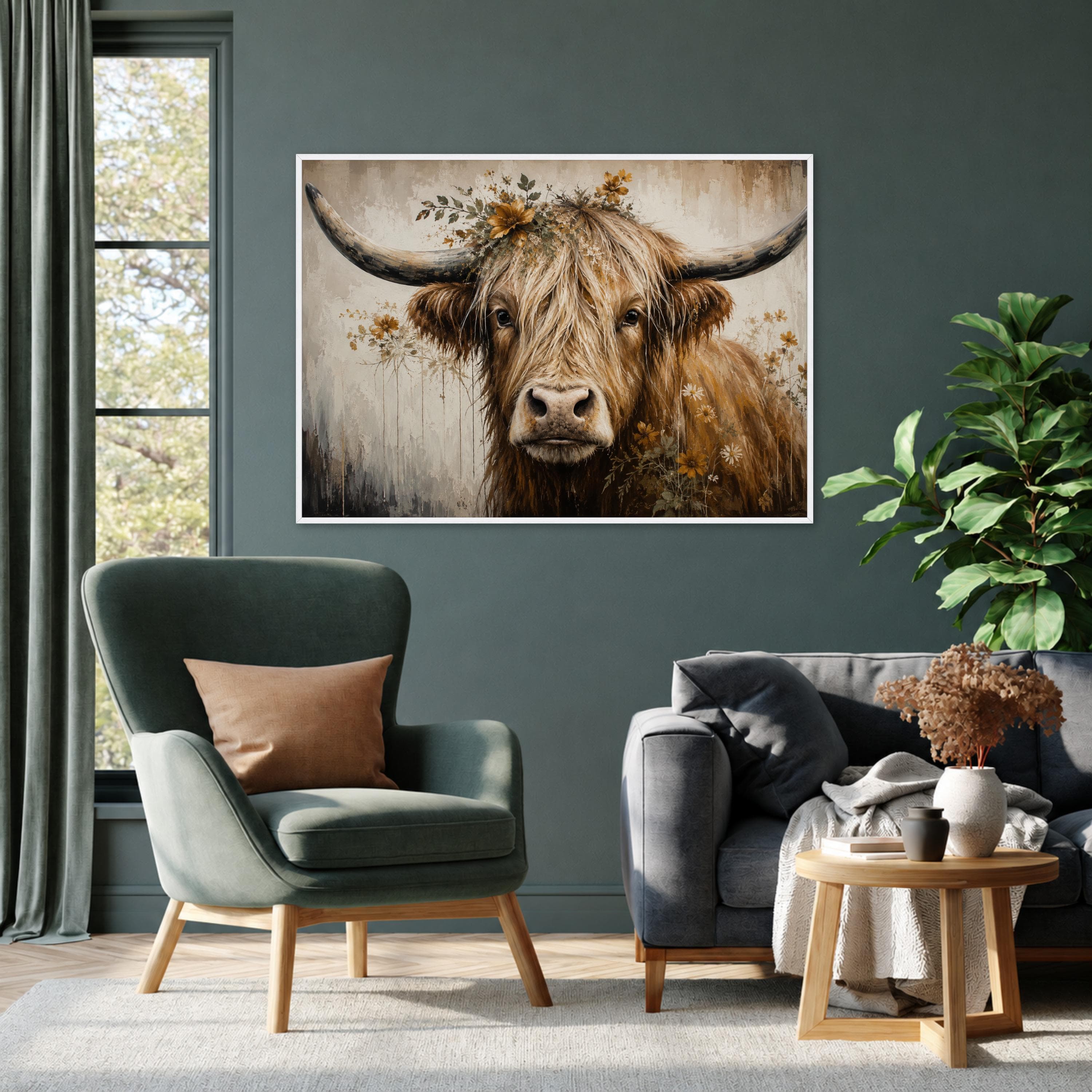 Highland Cow Canvas Print, Rustic Farmhouse Wall Art with Floral Accents for Cozy Living Room Decor, Country Home Aesthetic - image 4