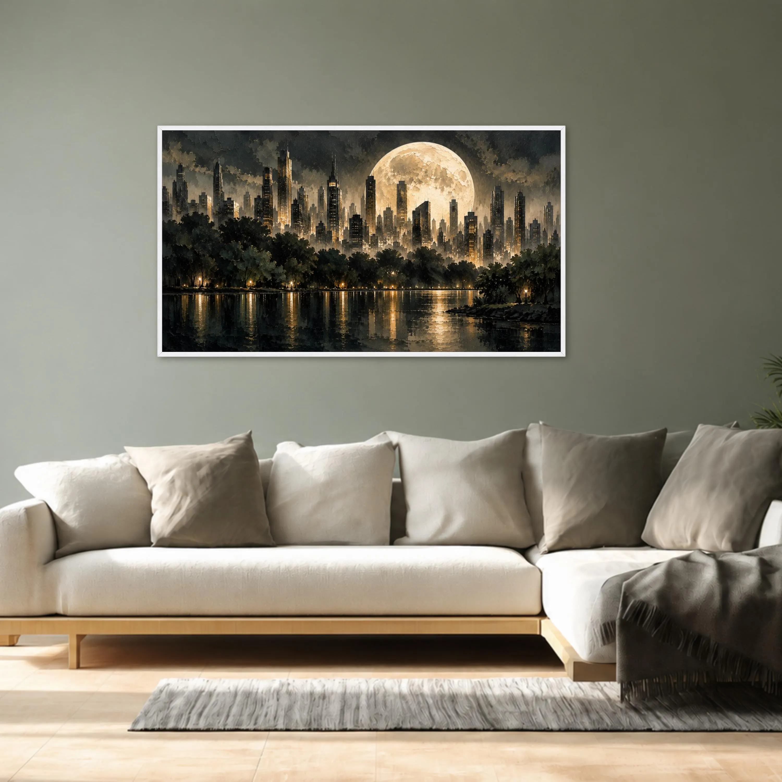 Urban Nightscape Canvas Print, City Skyline Wall Art, Moonlit Reflection, Modern Decor for Living Room or Office Space, city skyline art - image 5