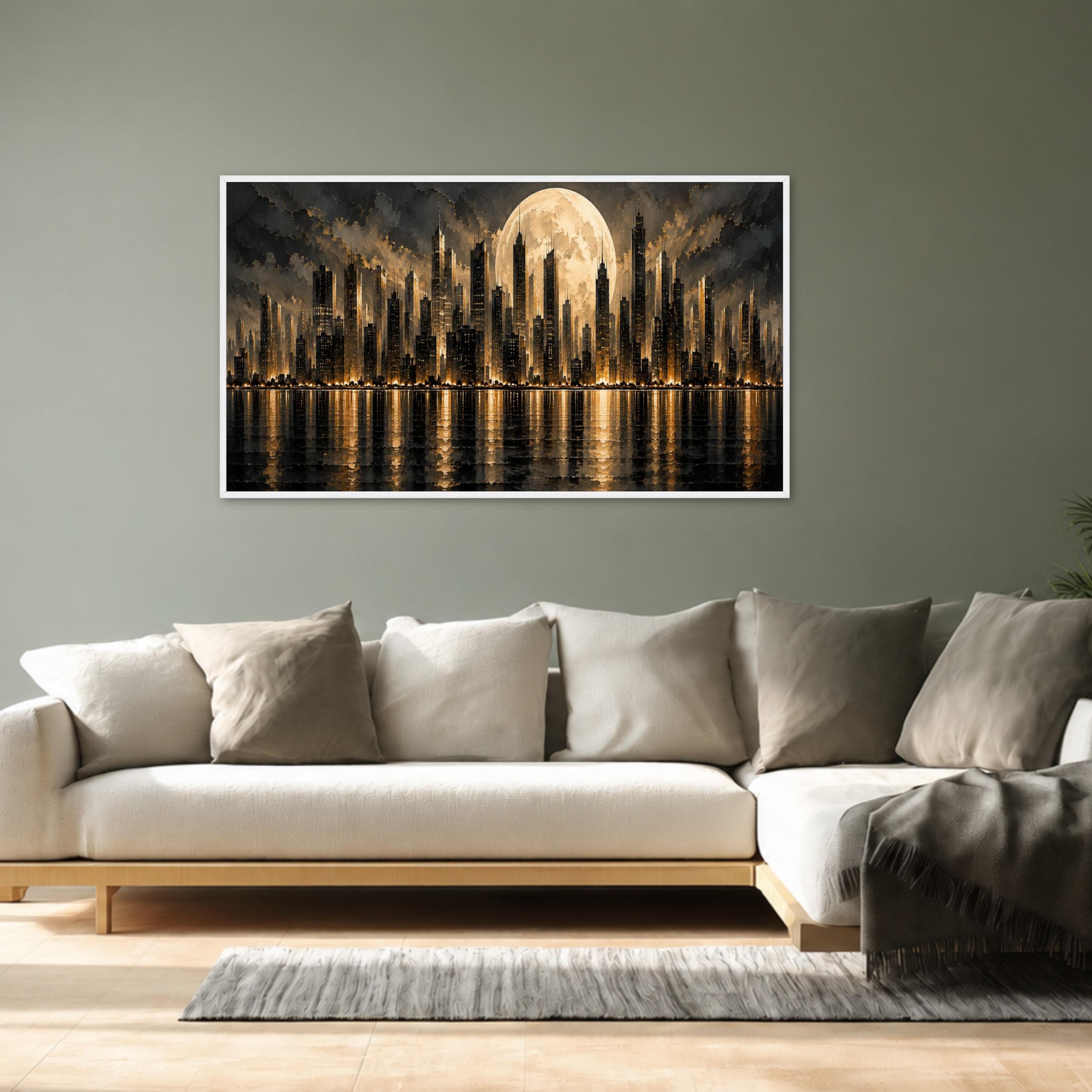 Moody Cityscape Canvas Print, Urban Skyline with Full Moon Reflection, Modern Wall Art for Living Room or Office Decor, cityscape wall art - image 5