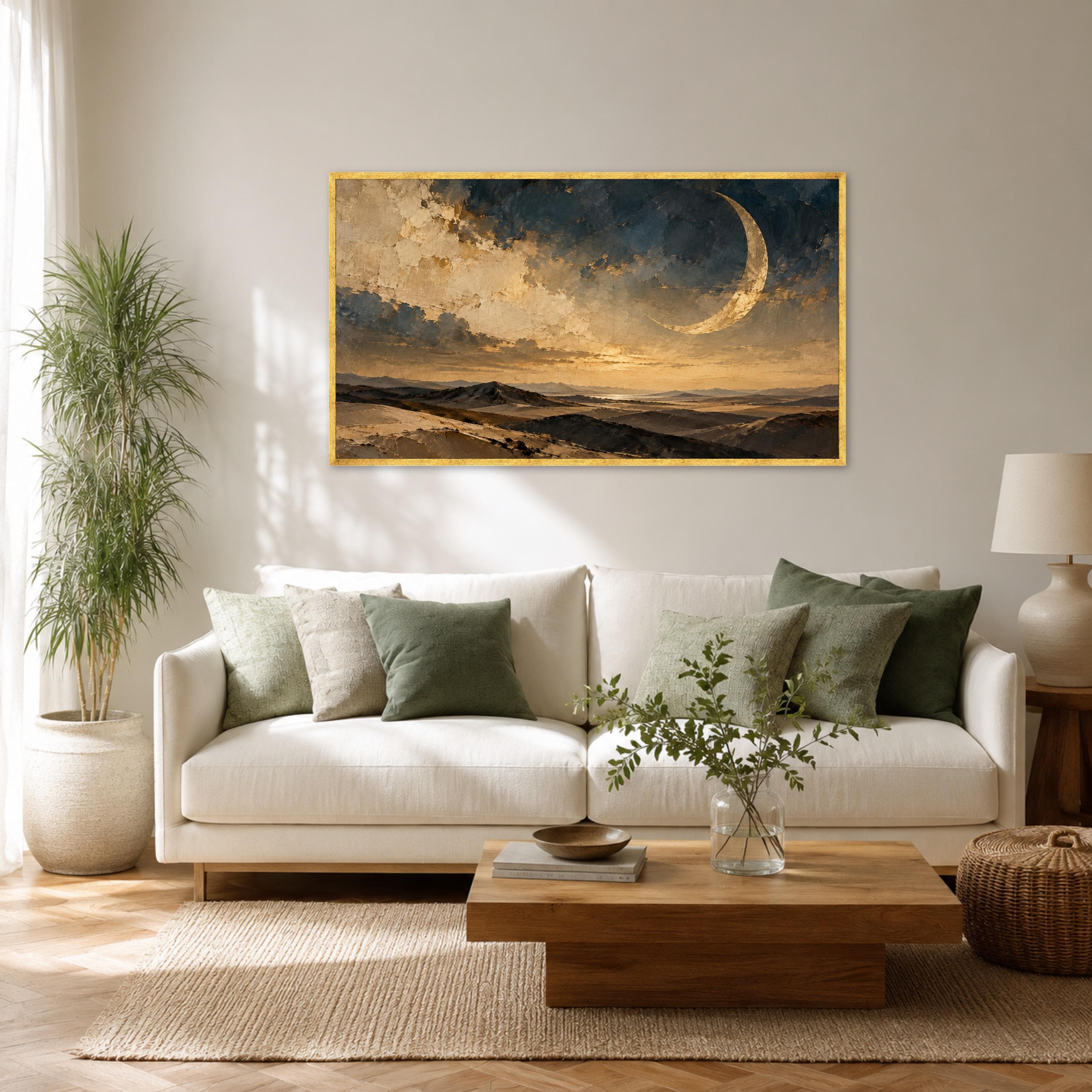 Moody Desert Landscape Canvas Print, Golden Crescent Moon Over Dunes, Scenic Wall Art for Living Room or Bedroom Decor, moody wall art - image 3