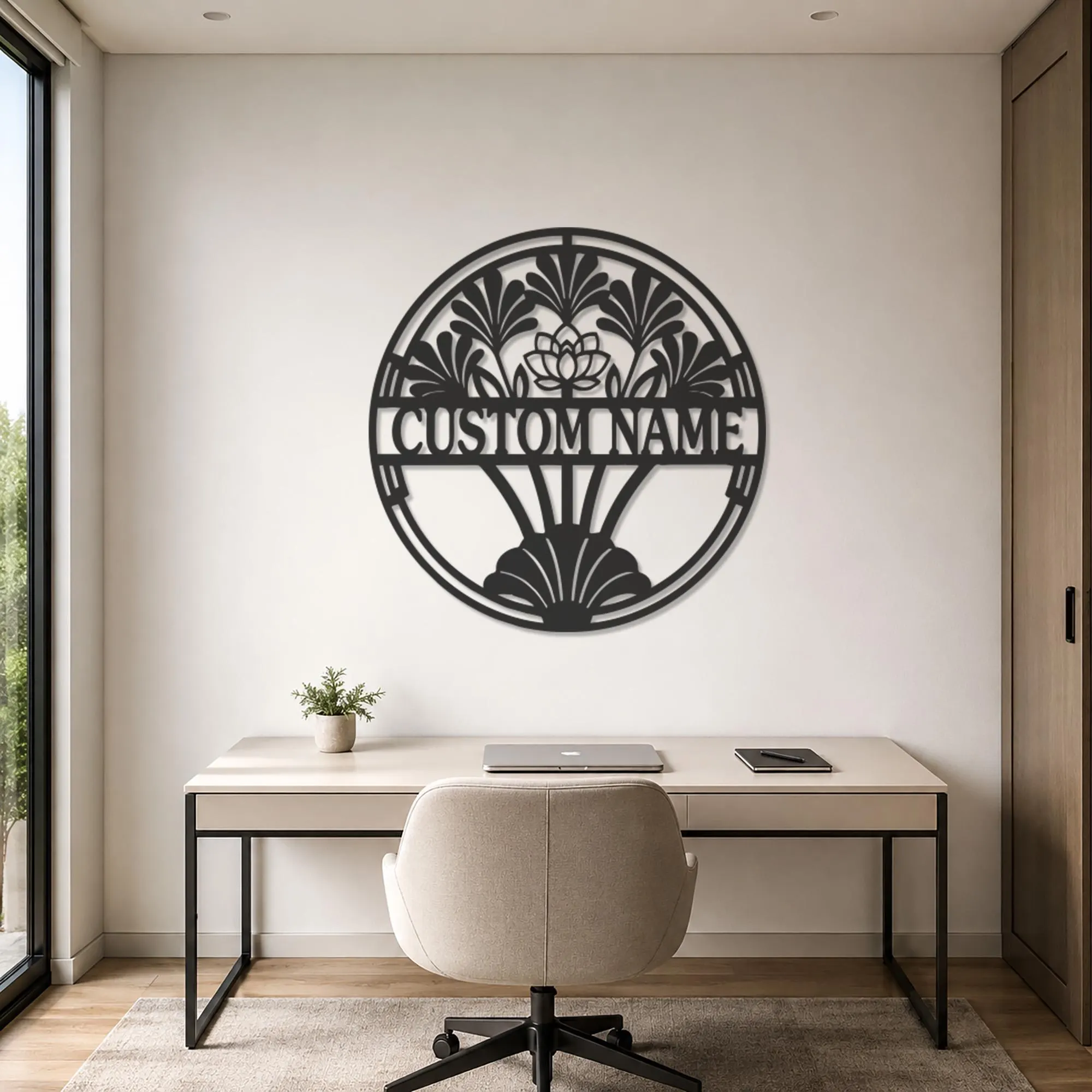 Personalized Art Deco Metal Wall Art, Custom Name Sign, Lotus Flower Decor, Floral Monogram Plaque, Wedding Gift, Housewarming Gift, Zen Art