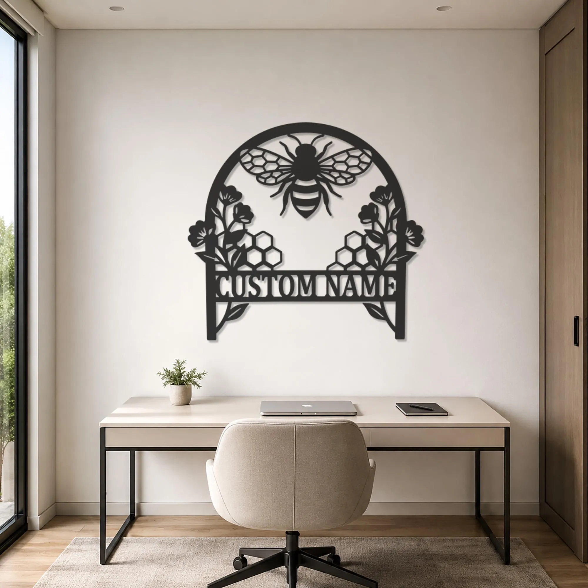 Personalized Bee Metal Wall Art, Custom Last Name Sign, Honeycomb Decor, Beekeeper Gift, Floral Art, Wedding Gifts, Botanical Metal Wall Art