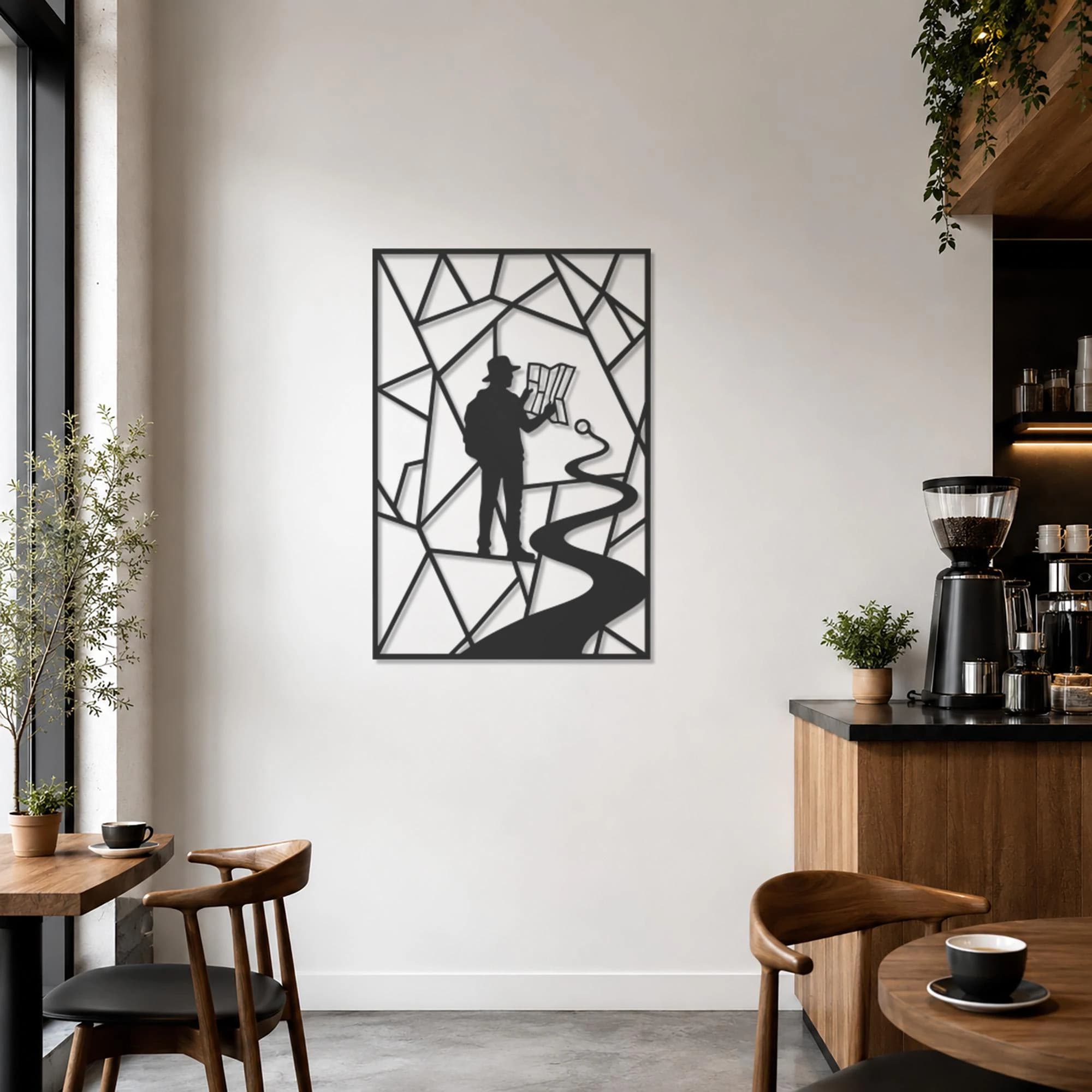 Hiker Metal Wall Art, Hiking Adventure Decor, Travel Map Artwork, Mountain Trek Gift, Backpacker Wall Art, Outdoor Explorer Metal Decoration