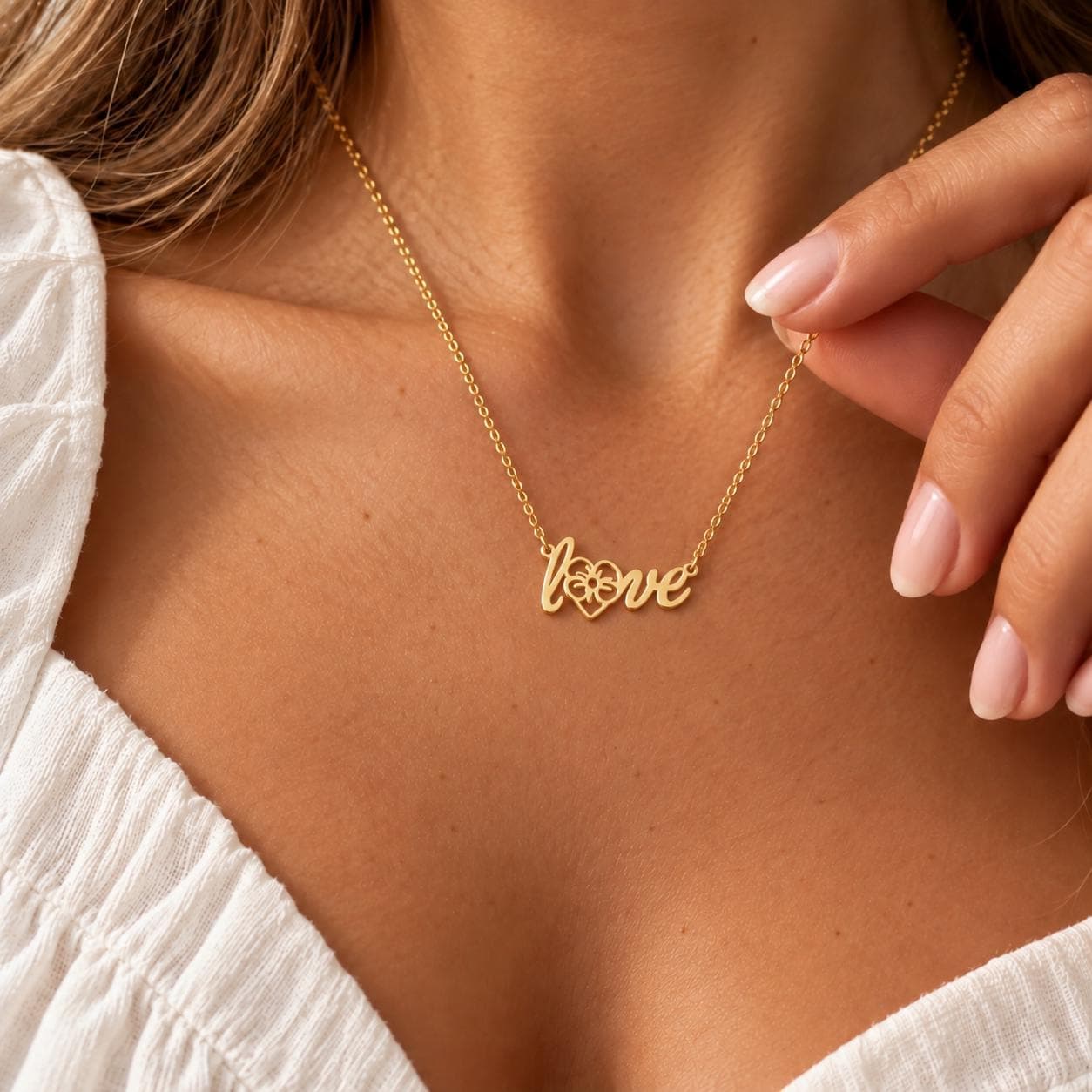 Dainty Love Flower Necklace, Gold Heart Necklace, Floral Love Pendant, Minimalist Romantic Jewelry, Gift for Her, Anniversary Gift