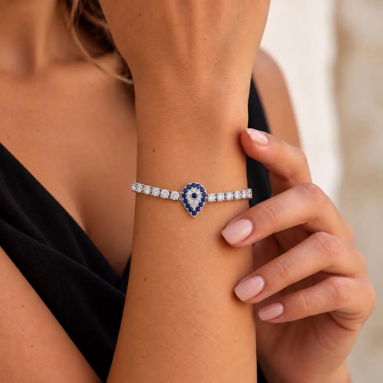 Teardrop Evil Eye Tennis Bracelet, Silver Zirconia Bracelet, Dainty Nazar Charm Bracelet, Minimalist Evil Eye Jewelry, Protection Gift for H