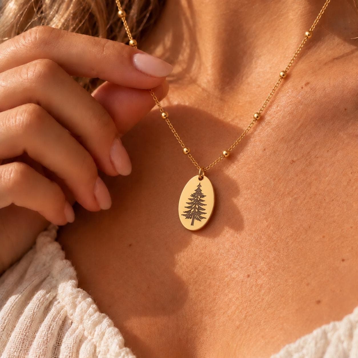 Oval Pine Tree Necklace, 925 Sterling Silver Evergreen Tree Pendant, 14K Gold Nature Forest Jewelry, Gift For Her