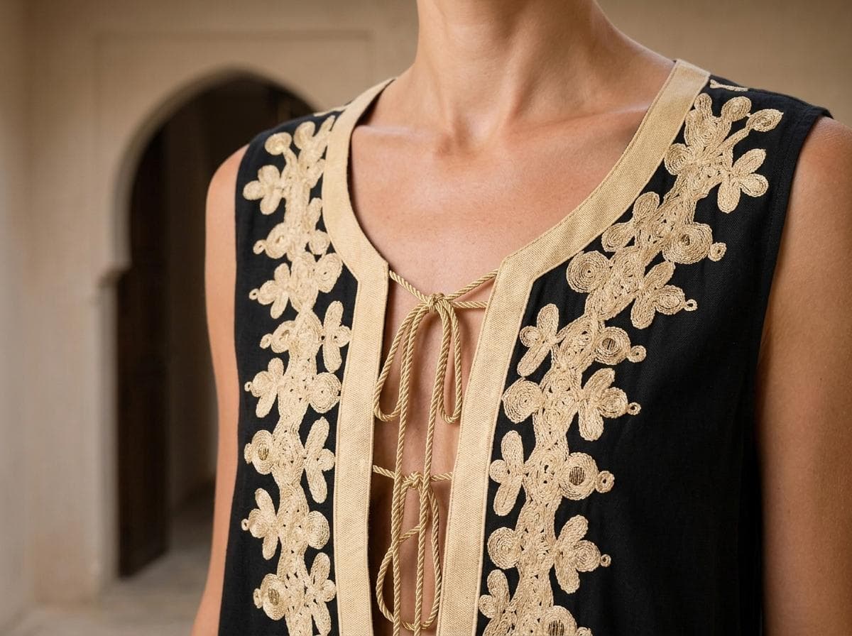 Black Linen Moroccan Kaftan Dress, Gold Embroidery, Summer Resort Wear Maxi Dress - image 3