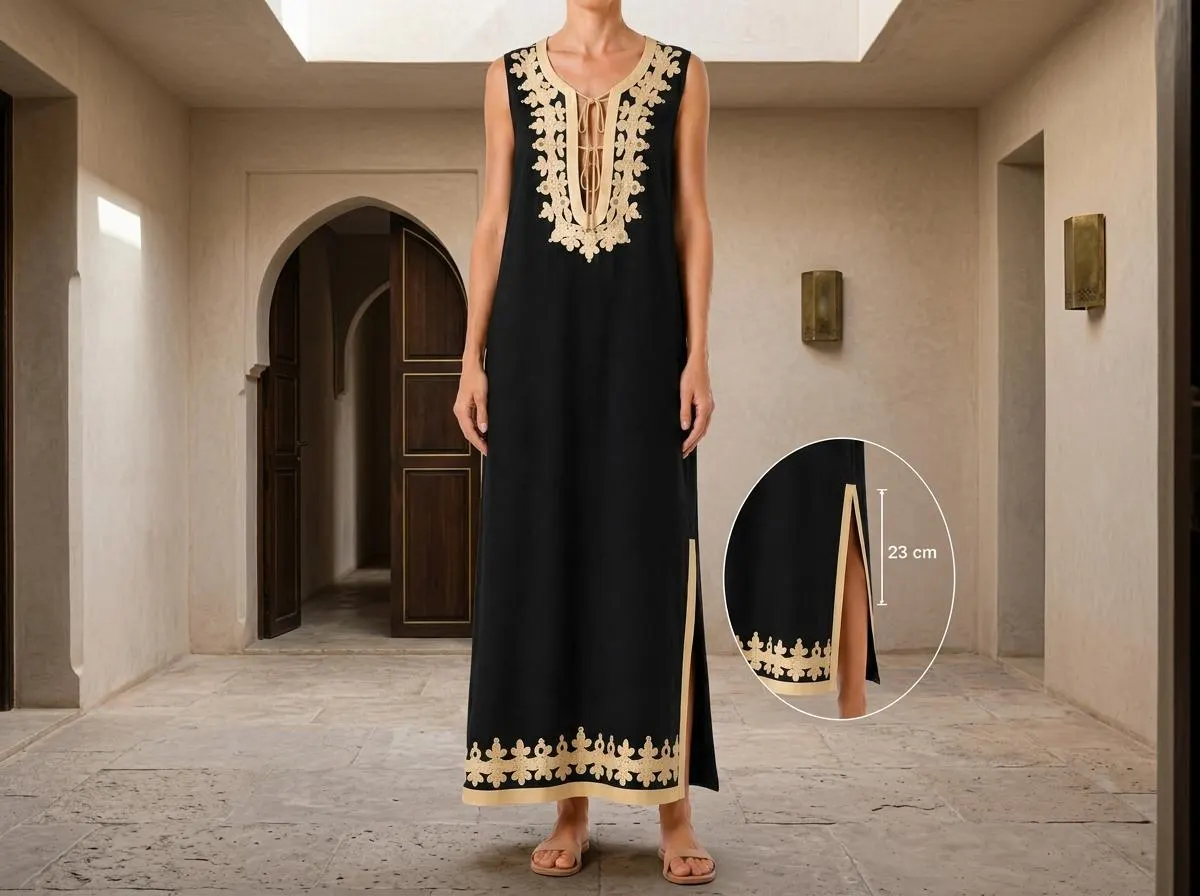 Black Linen Moroccan Kaftan Dress, Gold Embroidery, Summer Resort Wear Maxi Dress - image 4