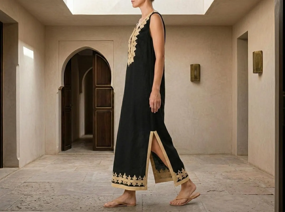 Black Linen Moroccan Kaftan Dress, Gold Embroidery, Summer Resort Wear Maxi Dress - image 5