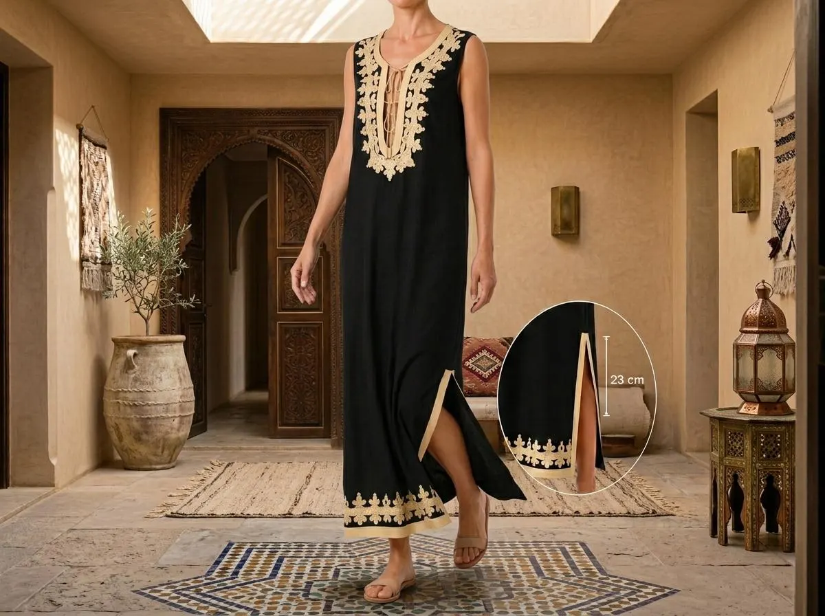 Black Linen Moroccan Kaftan Dress, Gold Embroidery, Summer Resort Wear Maxi Dress