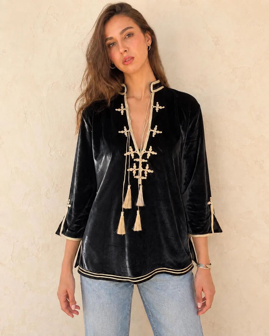 Black Velvet Moroccan Tunic with Gold El Bouja Embroidery and Tassels
