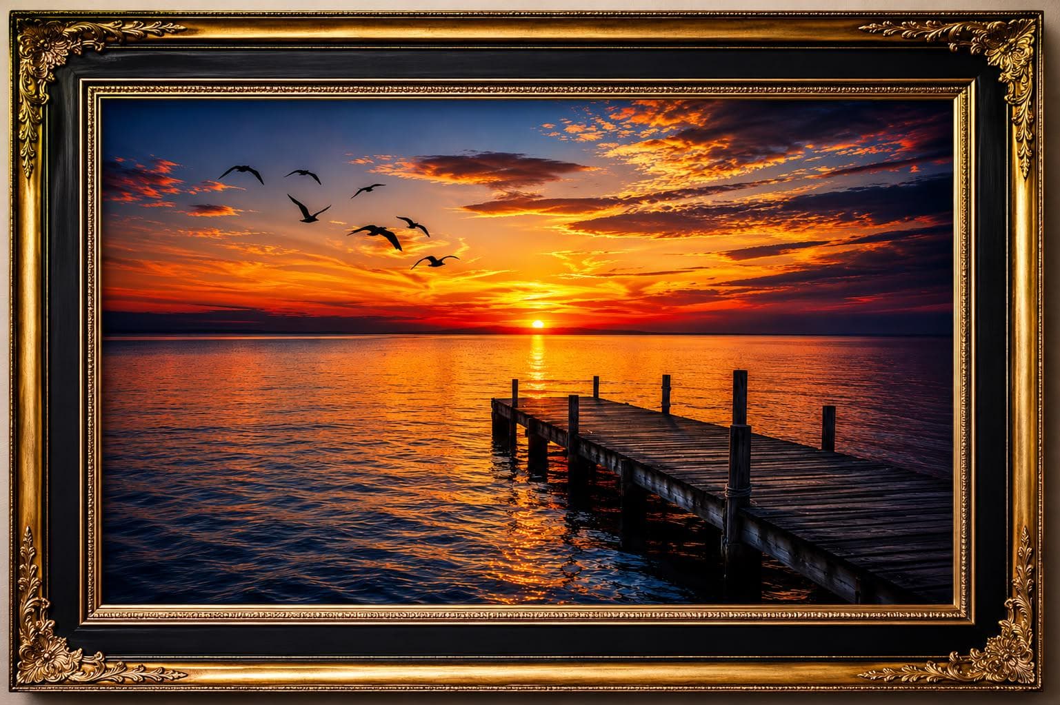 Coastal Sunset Pier Wall Art, Ocean Birds, Golden Hour Seascape (Digital Download)