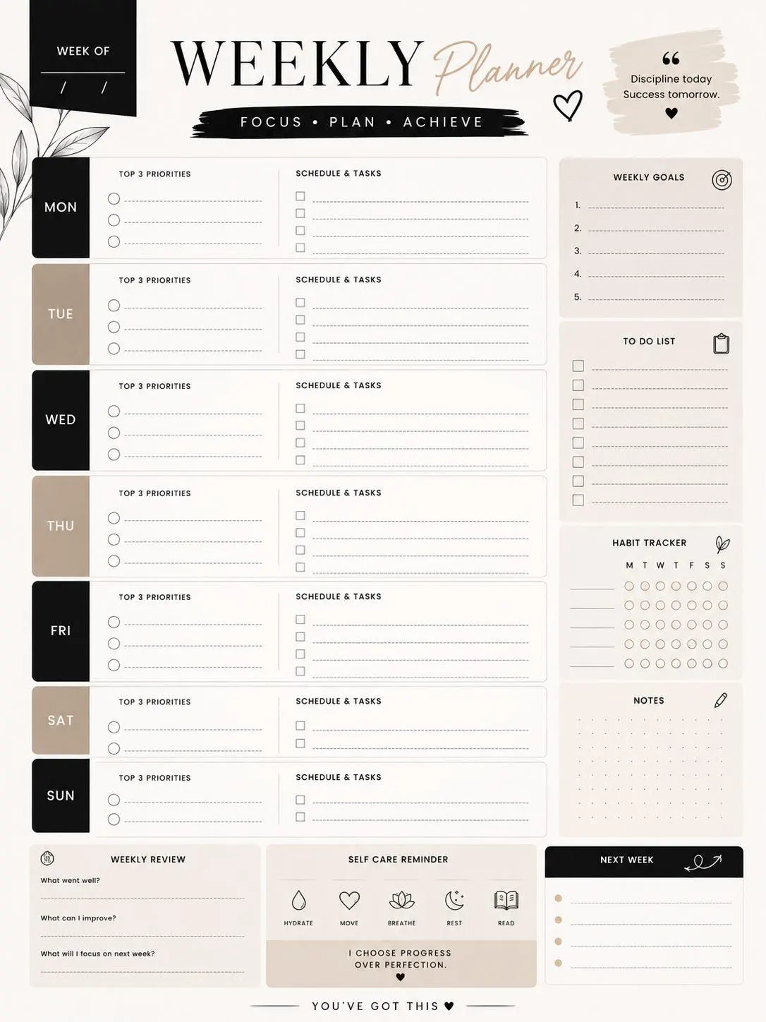 Minimalist Weekly Planner Printable | Black Beige Organizer (Digital Download)