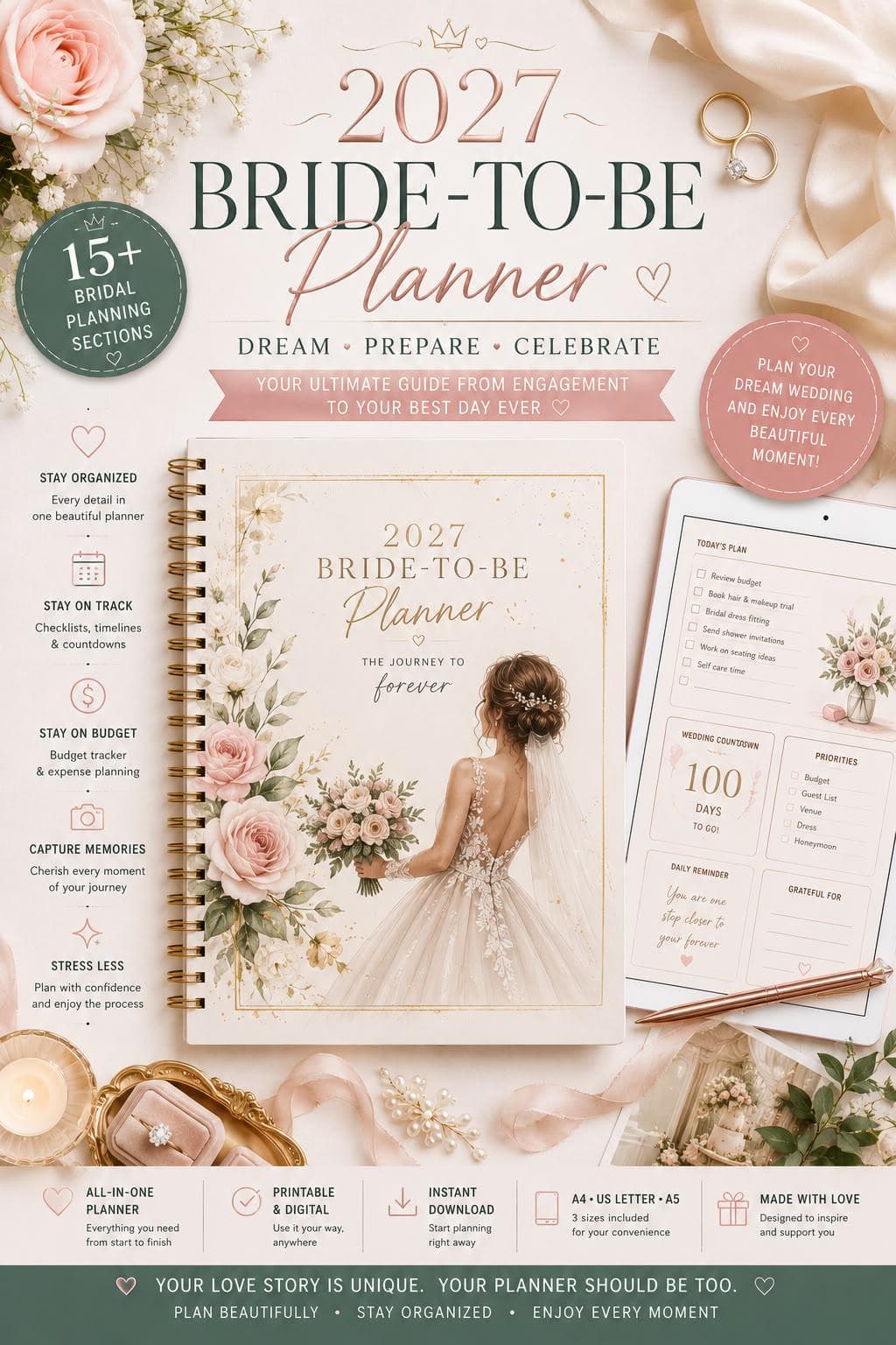 2027 Bride-to-Be Planner | Wedding Countdown, Beauty, Dress, Bachelorette (PDF Download)