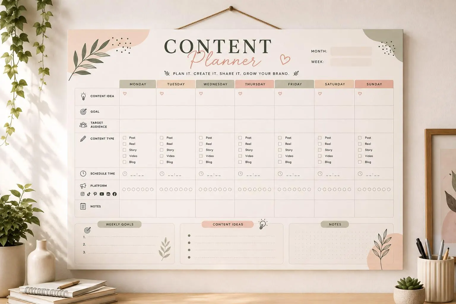 Content Planner Printable | Social Media Marketing Calendar (Digital Download)