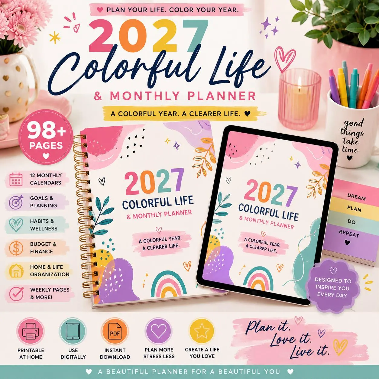 2027 Colorful Life & Monthly Planner | Goals, Budget, Habits (PDF Download)
