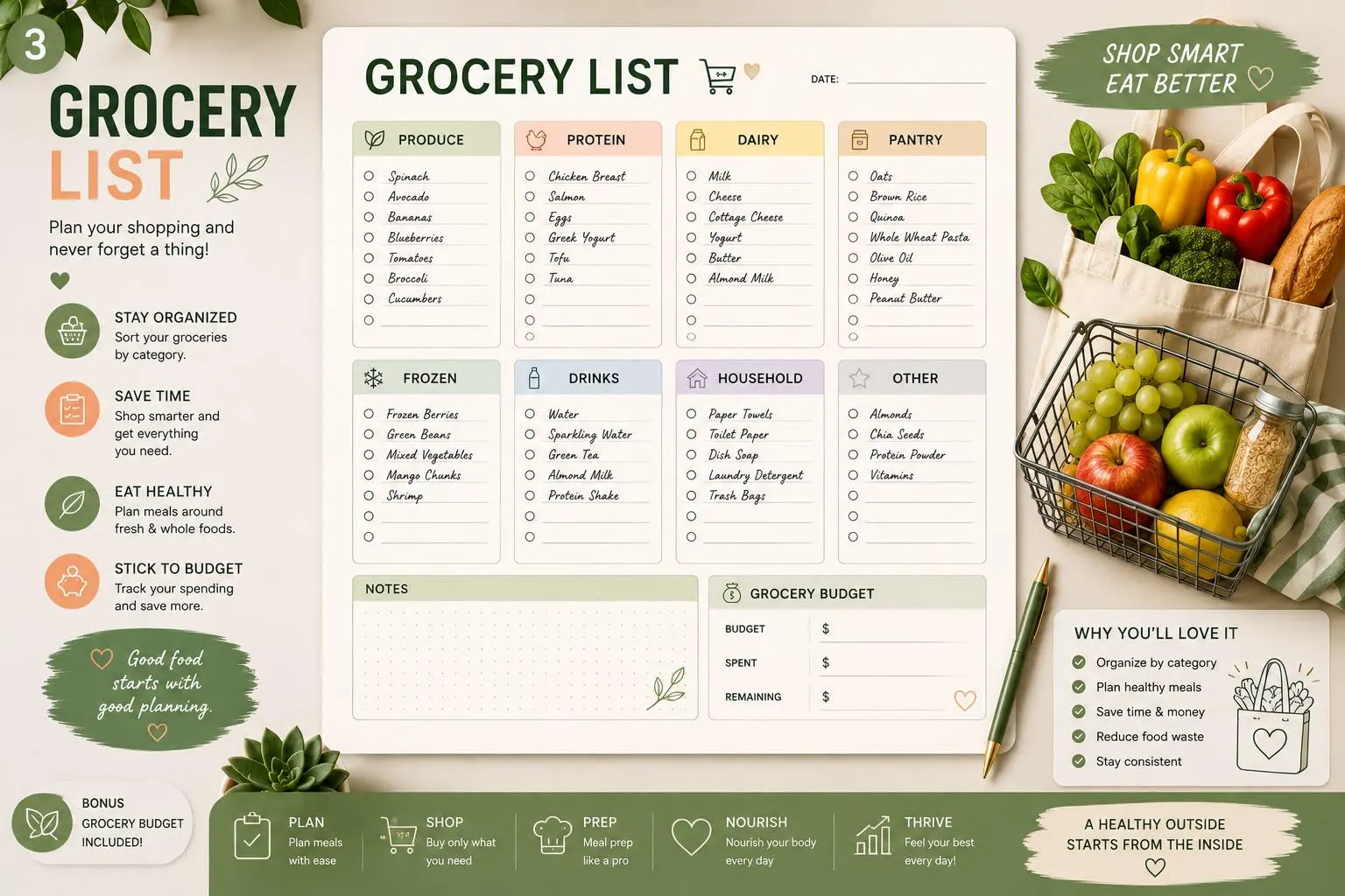 2027 Meal & Wellness Planner | Printable PDF, Grocery List, Habit Tracker (Digital Download) - image 4