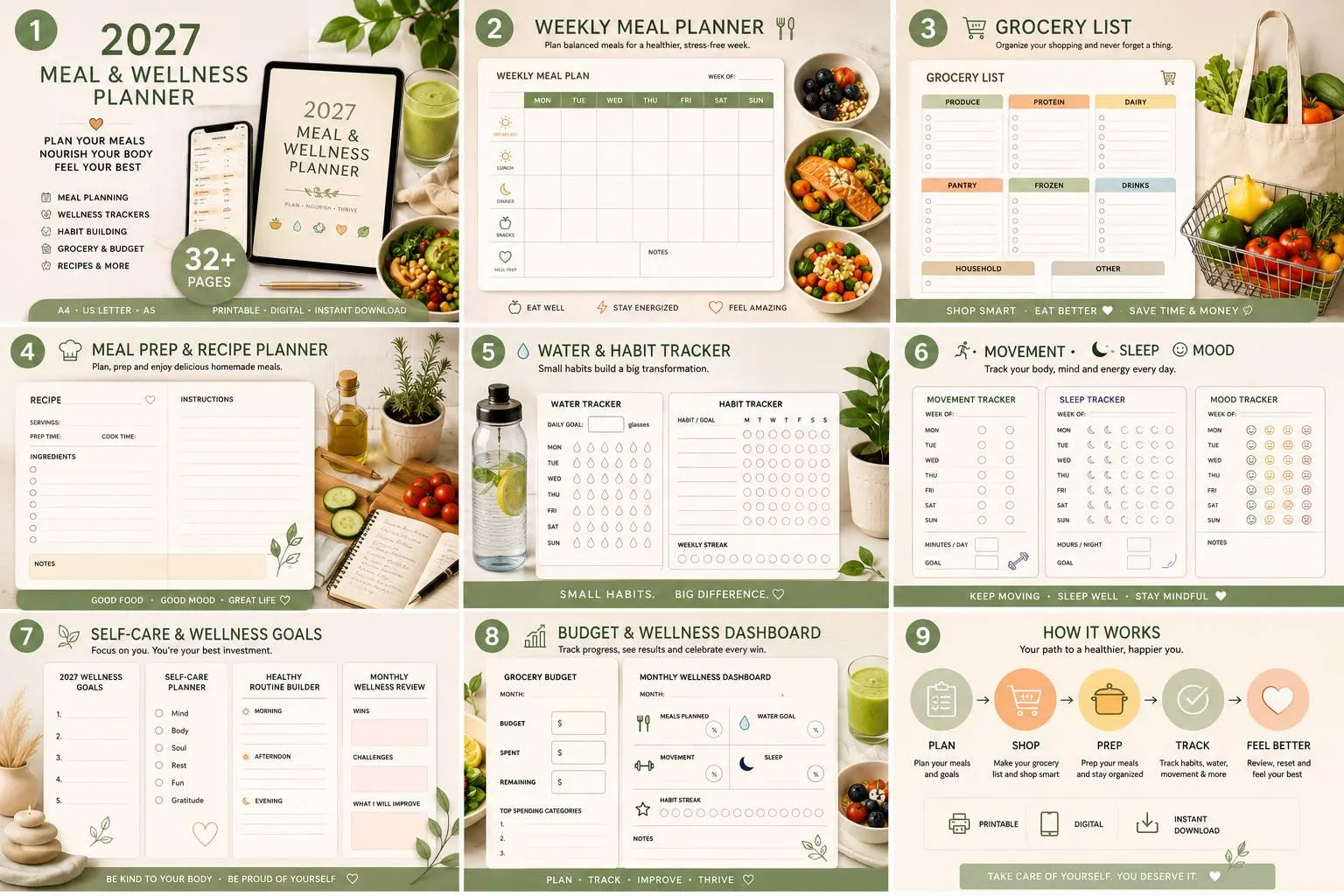 2027 Meal & Wellness Planner | Printable PDF, Grocery List, Habit Tracker (Digital Download)