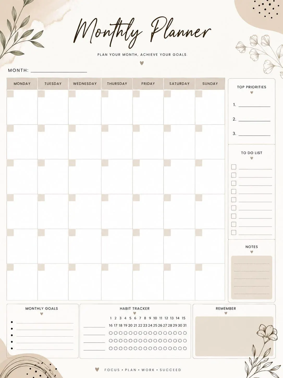 Minimalist Monthly Planner | Goal Setting, Habit Tracker (Digital Download)