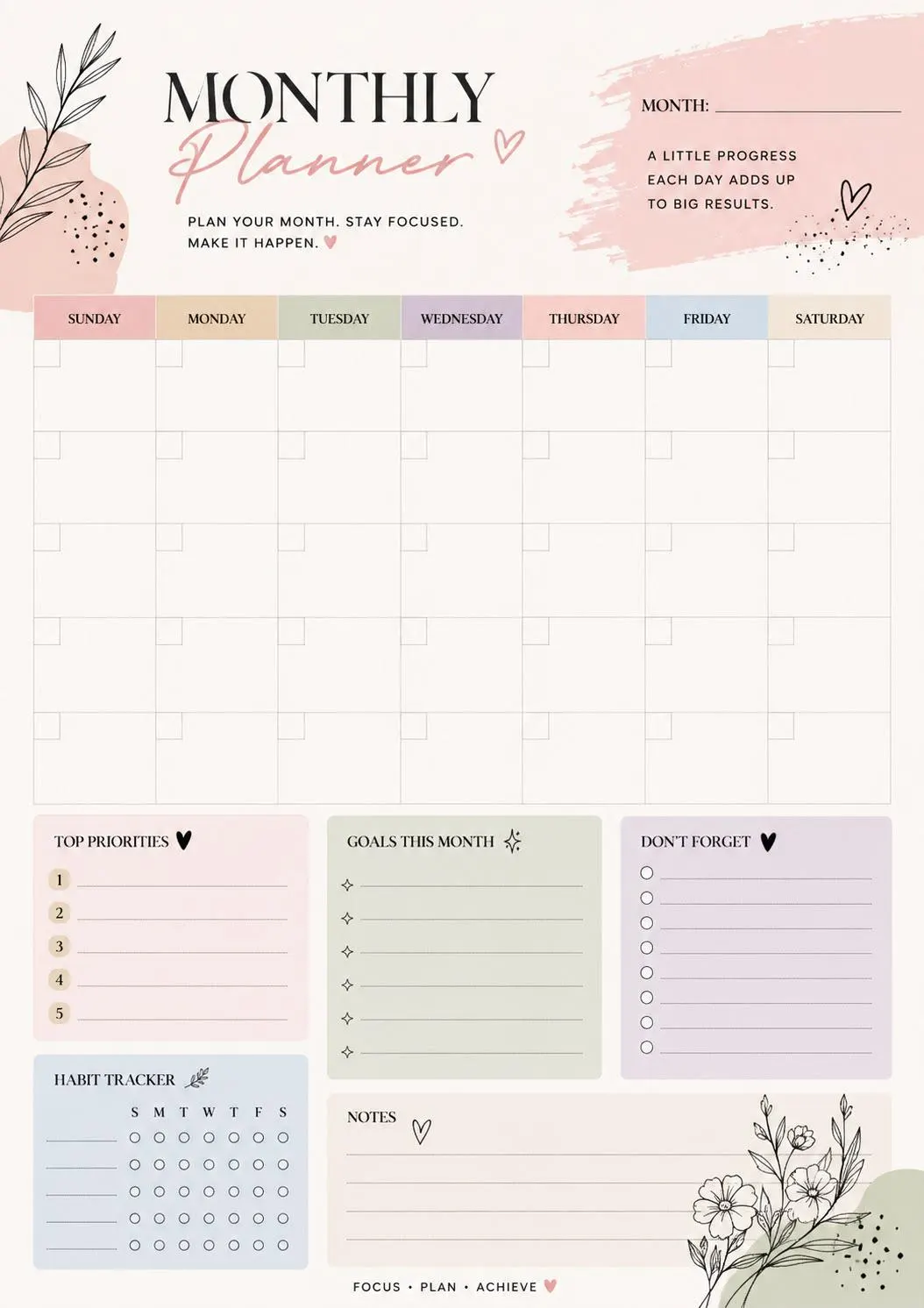 Monthly Planner Printable - Plan - Focus - Achıeve