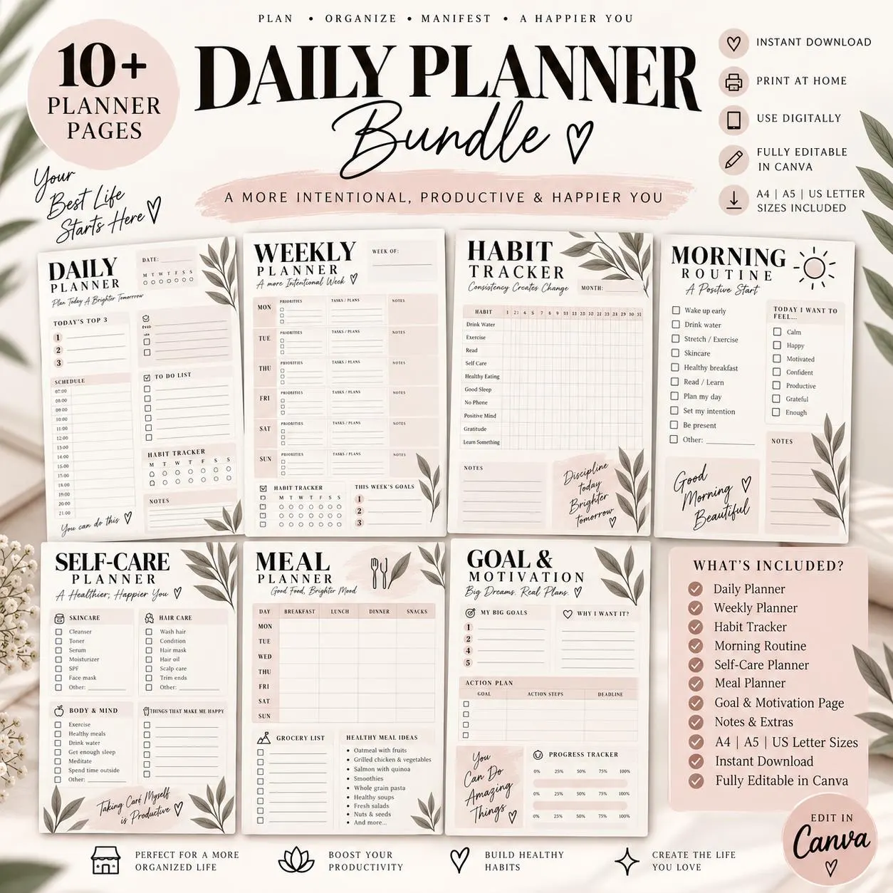 Daily Planner Bundle, Weekly, Habit, Meal, Goal Trackers (PDF Download)