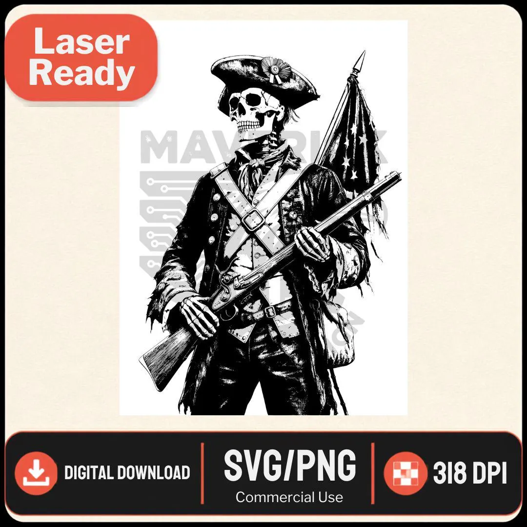 Skeleton revolutionary soldier SVG PNG, Laser Ready, Wood Engraving (Digital Download)