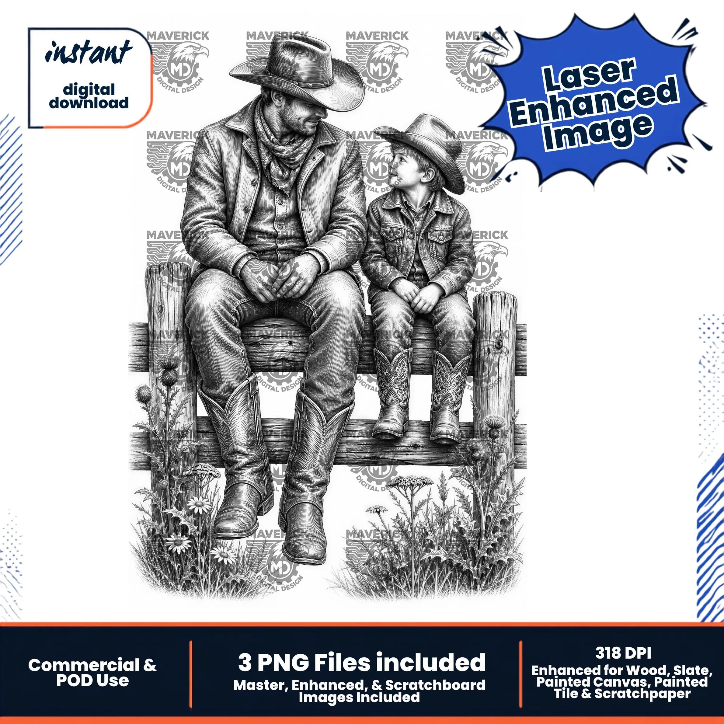 Father and son on fence PNG, Laser Ready, Wood Engraving (Digital Download)