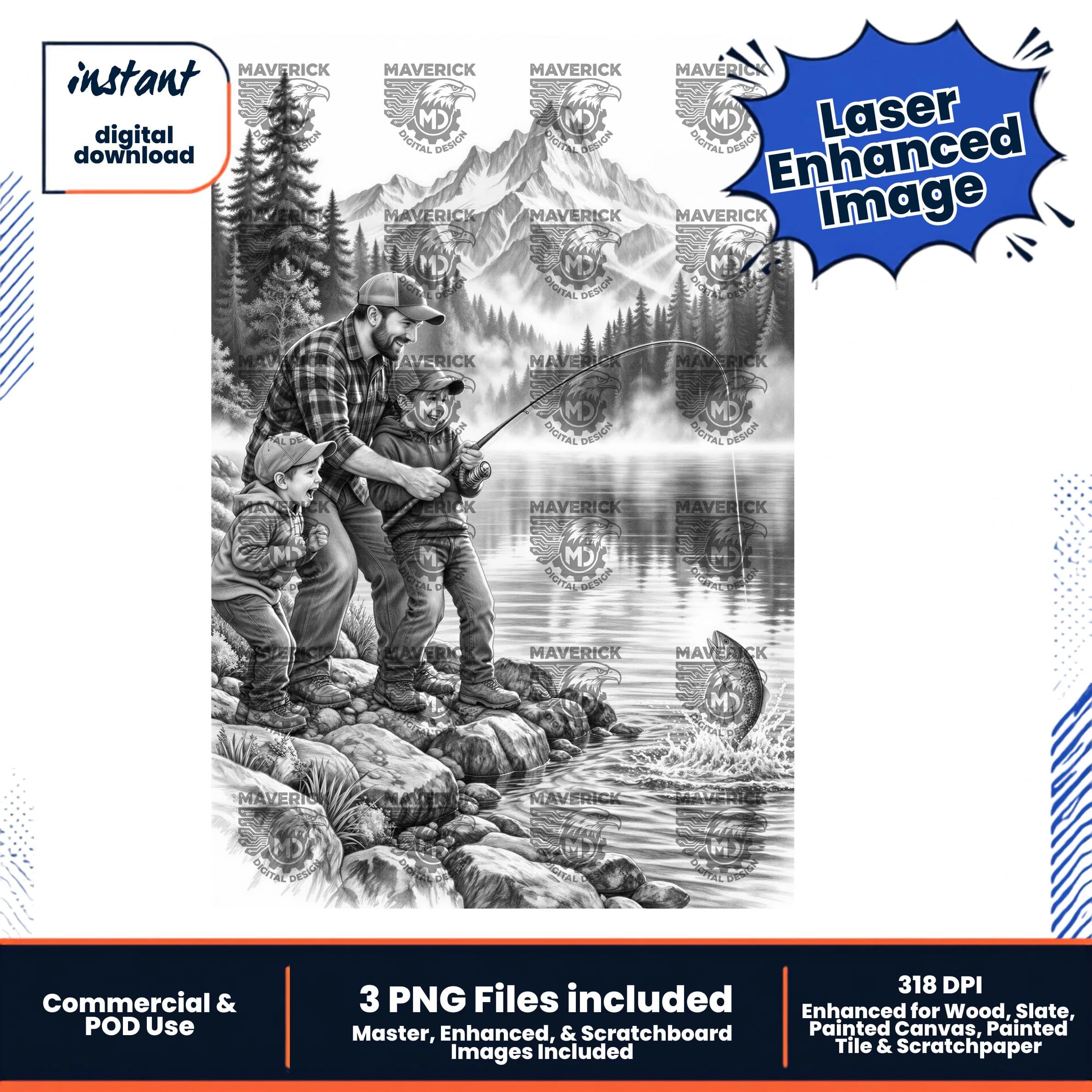 Father and sons fishing PNG, Laser Ready, Wood Engraving (Digital Download)