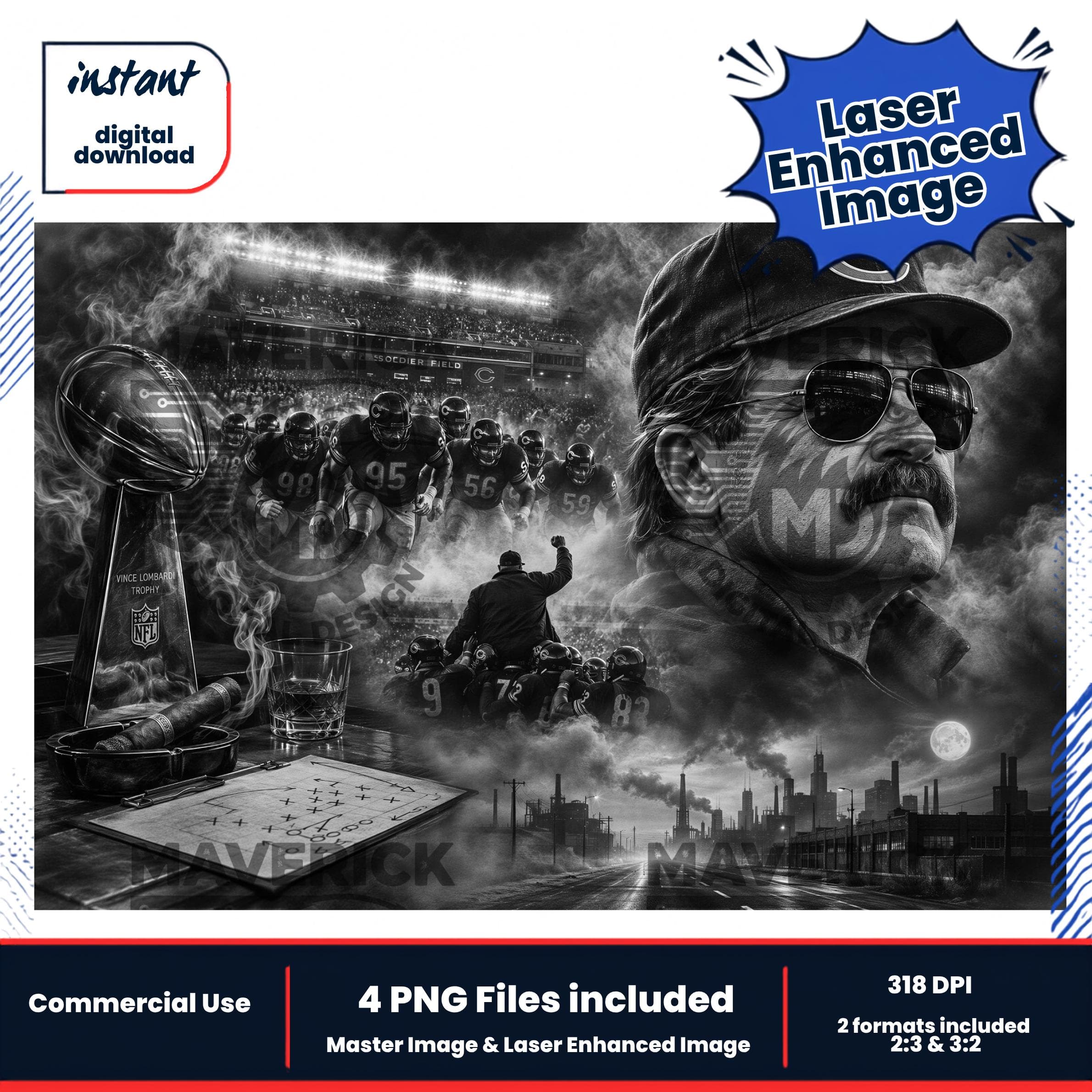 Sports Icon Mike Ditka laser Enhanced PNG, Laser Ready, Wood Engraving (Digital Download)